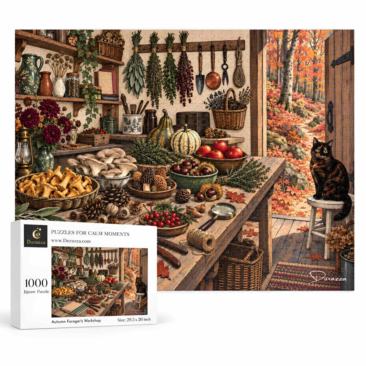 A 1000-piece jigsaw puzzle box shown in front of the completed puzzle artwork. The scene on the box and in the artwork depicts a rustic autumn kitchen or workshop table filled with food, herbs, baskets, and tools, with a cat sitting on a stool by an open door looking outside into an autumn forest.