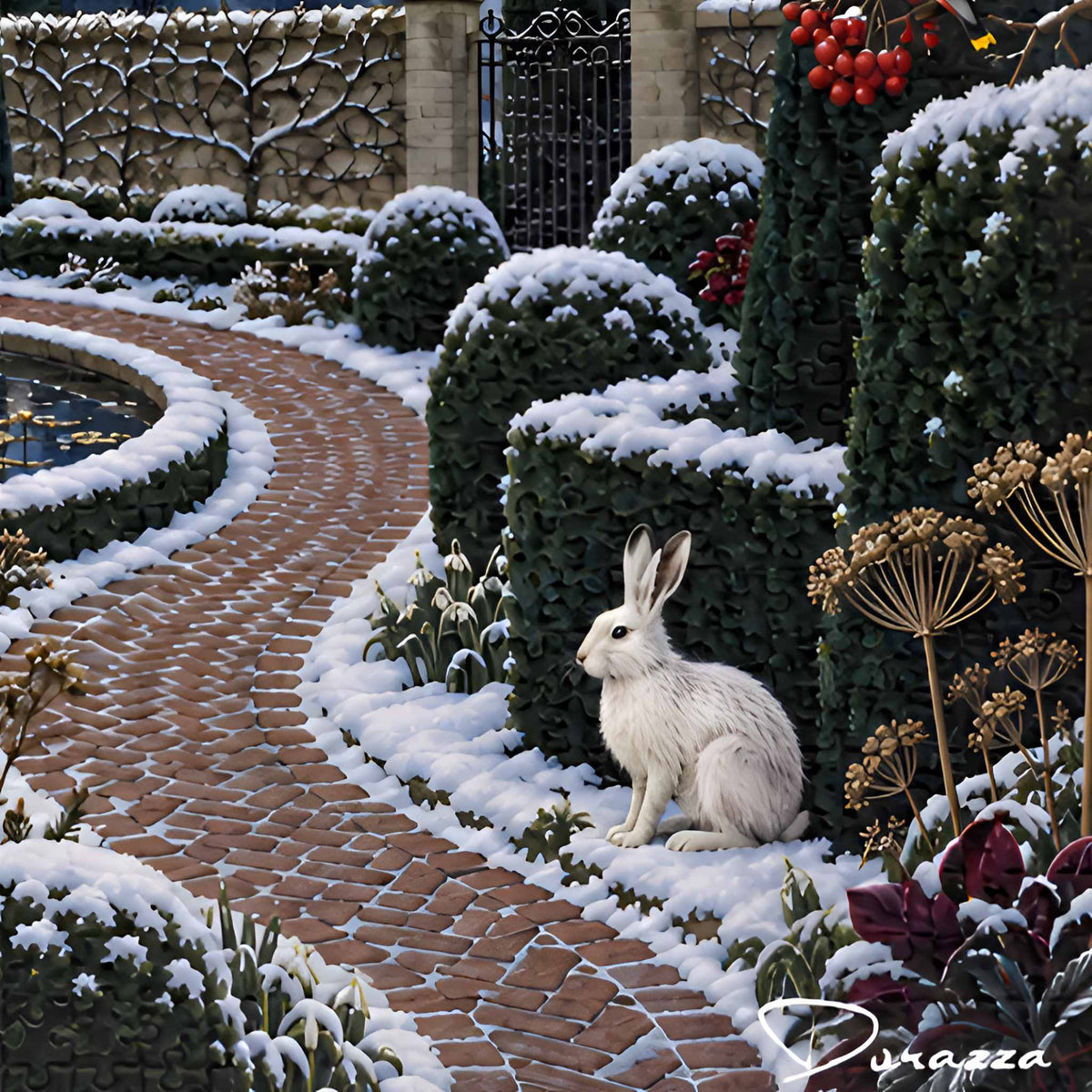 A white rabbit statue sits on a snow-dusted brick garden path beside trimmed hedges and winter plants in an outdoor courtyard setting.