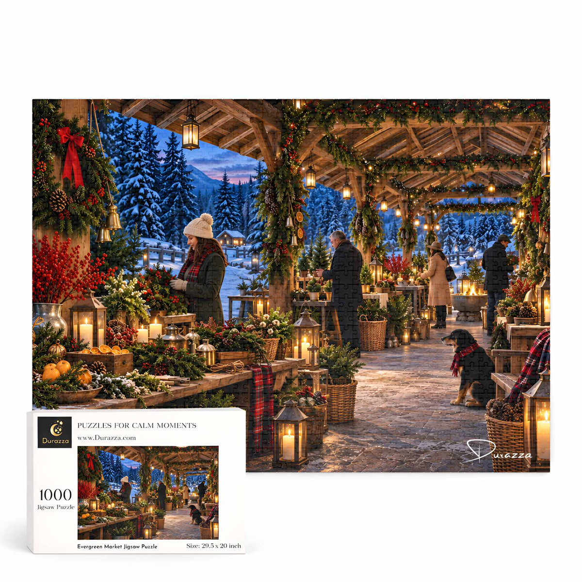 A 1000-piece jigsaw puzzle box and the assembled puzzle. The puzzle depicts a cozy winter evening at an outdoor market stall under a wooden shelter, decorated with green garlands, warm lanterns, and holiday wreaths, with people and a dog in the background near snow-covered evergreen trees.