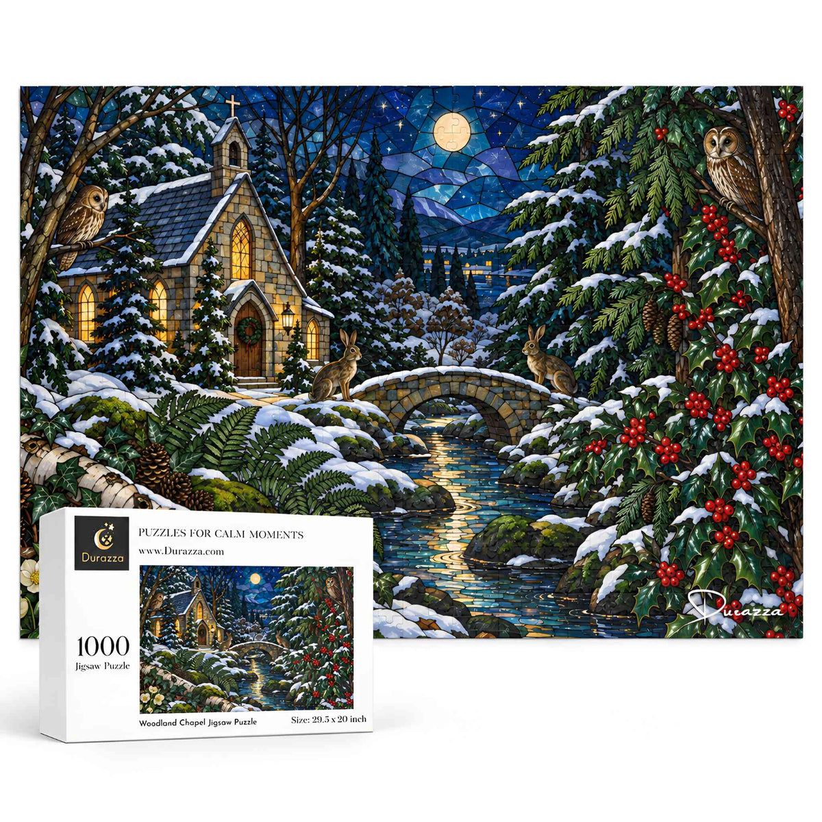 Woodland Chapel jigsaw puzzle and matching box, featuring a snowy church and woodland animals in stained glass style.