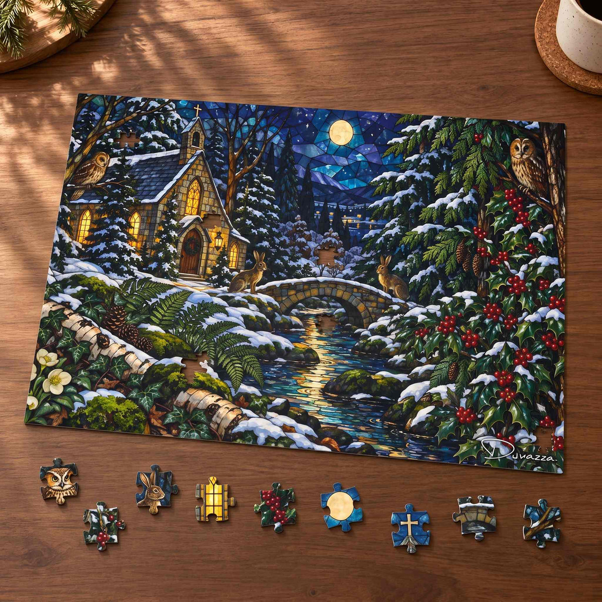 Woodland Chapel jigsaw puzzle on a wooden table with loose pieces, showing a snowy church and moonlit woodland.