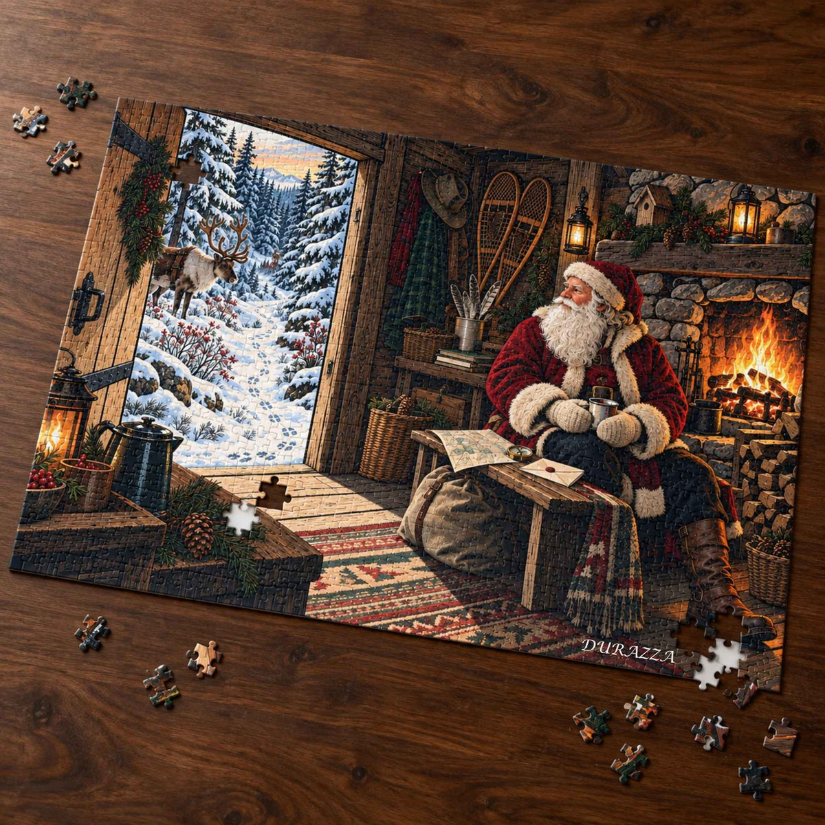 Wooden jigsaw puzzle FAQ covering available sizes, puzzle material, traditional-cut pieces, and the branded storage box.