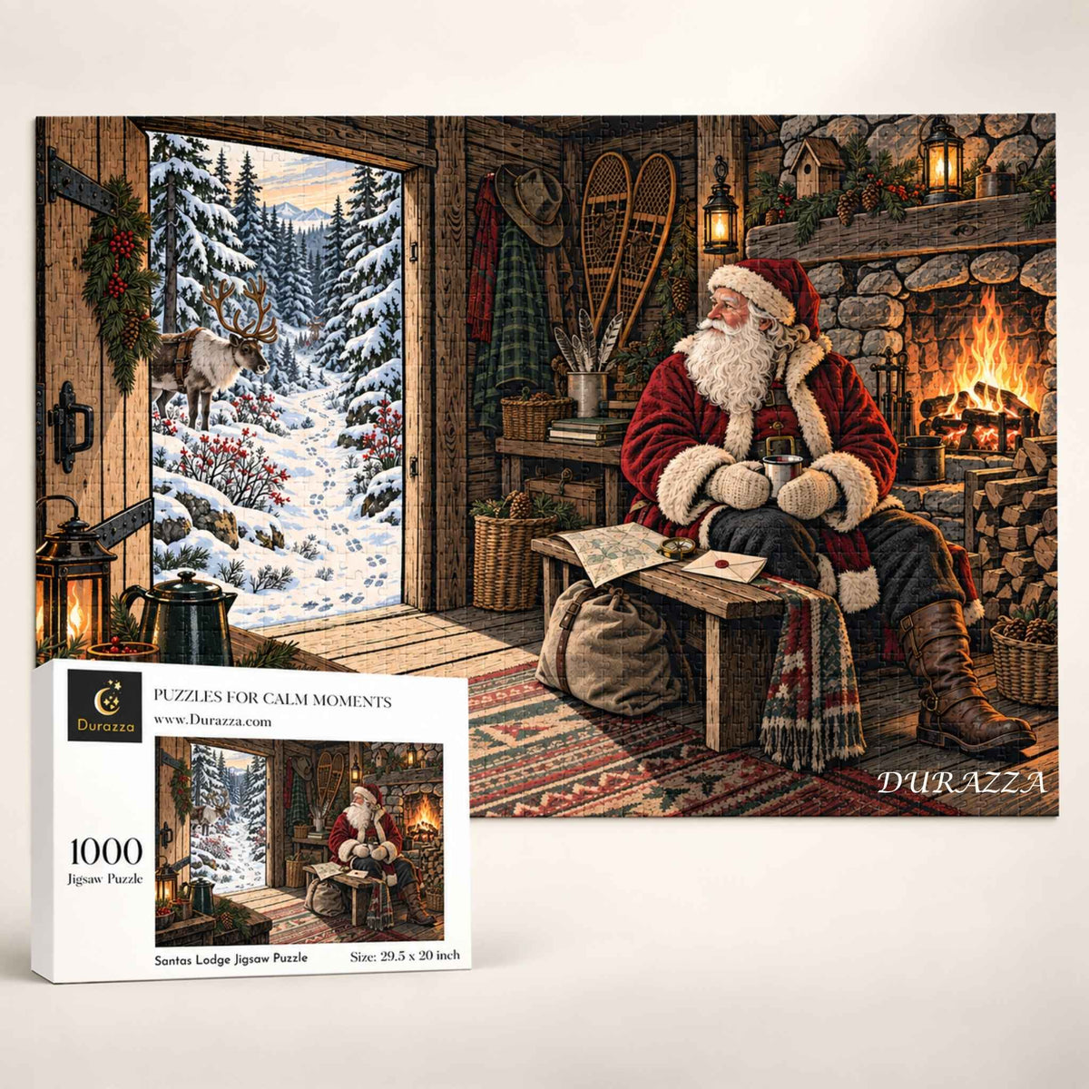 Santa’s Lodge 1000 piece wooden jigsaw puzzle arranged on a rustic table with Santa, a glowing fireplace, and snowy woods.