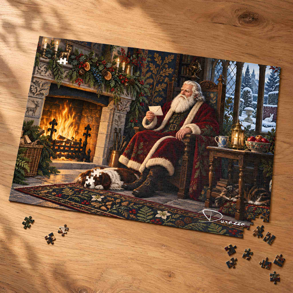 Santa’s Eve wooden Christmas jigsaw puzzle displayed on a rustic table with loose pieces beside the finished scene.
