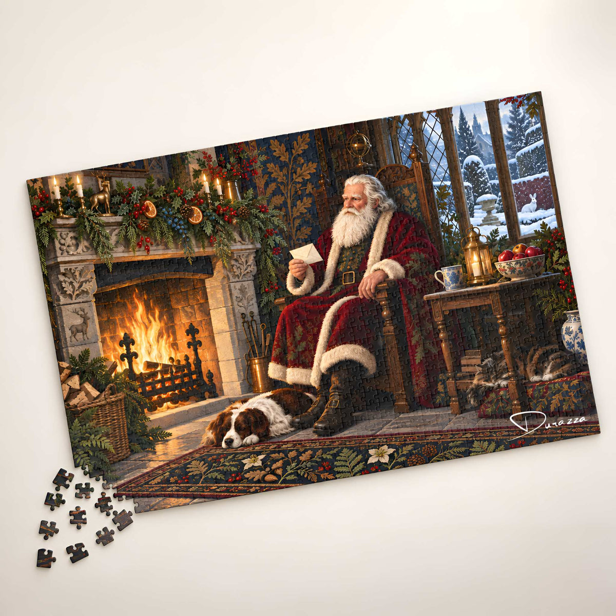 Santa’s Eve Christmas jigsaw puzzle for adults with Santa reading by a fireplace, a sleeping dog, cats, and snowy garden.