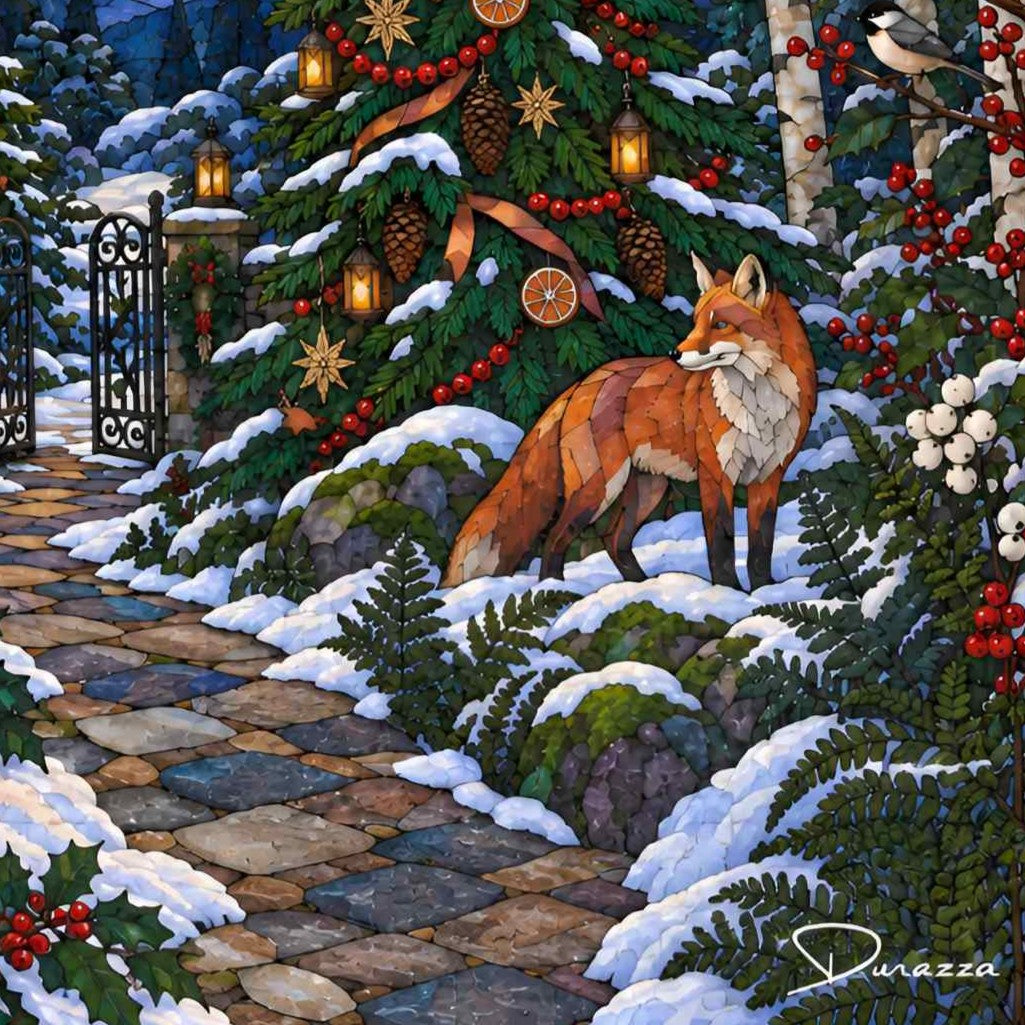 A festive winter forest scene with a fox standing beside a snow-covered evergreen tree decorated with red berries, pinecones, lanterns, and gold ornaments. Made in a stained glass style.