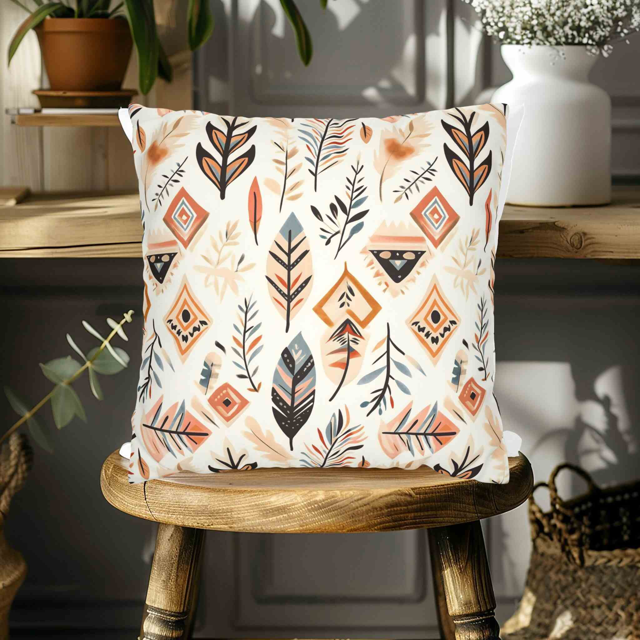 A square-shaped throw pillow with a bohemian design featuring painted feathers and geometric patterns in earthy tones, displayed on a wooden stool in a cozy home setting.