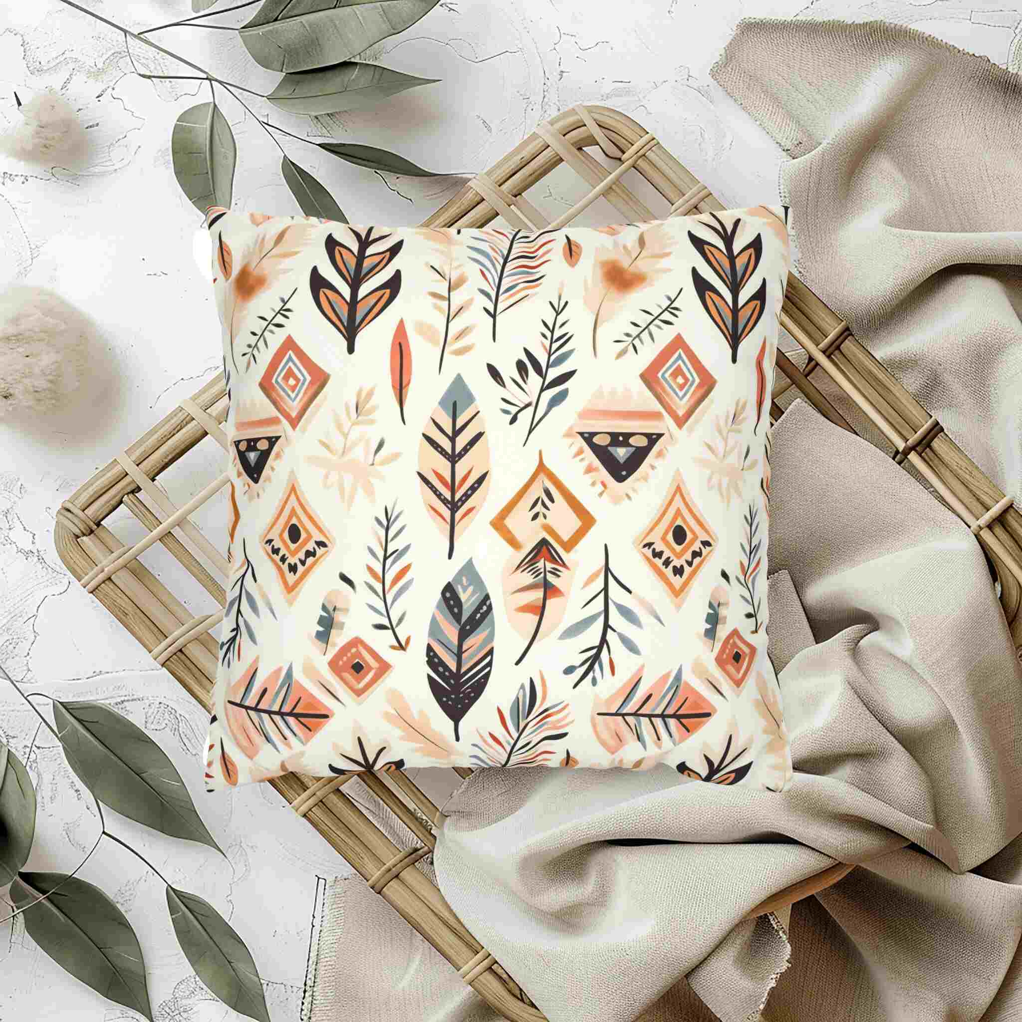 A square-shaped throw pillow with a bohemian design featuring painted feathers and geometric patterns in earthy tones, displayed on a wooden stool in a cozy home setting.