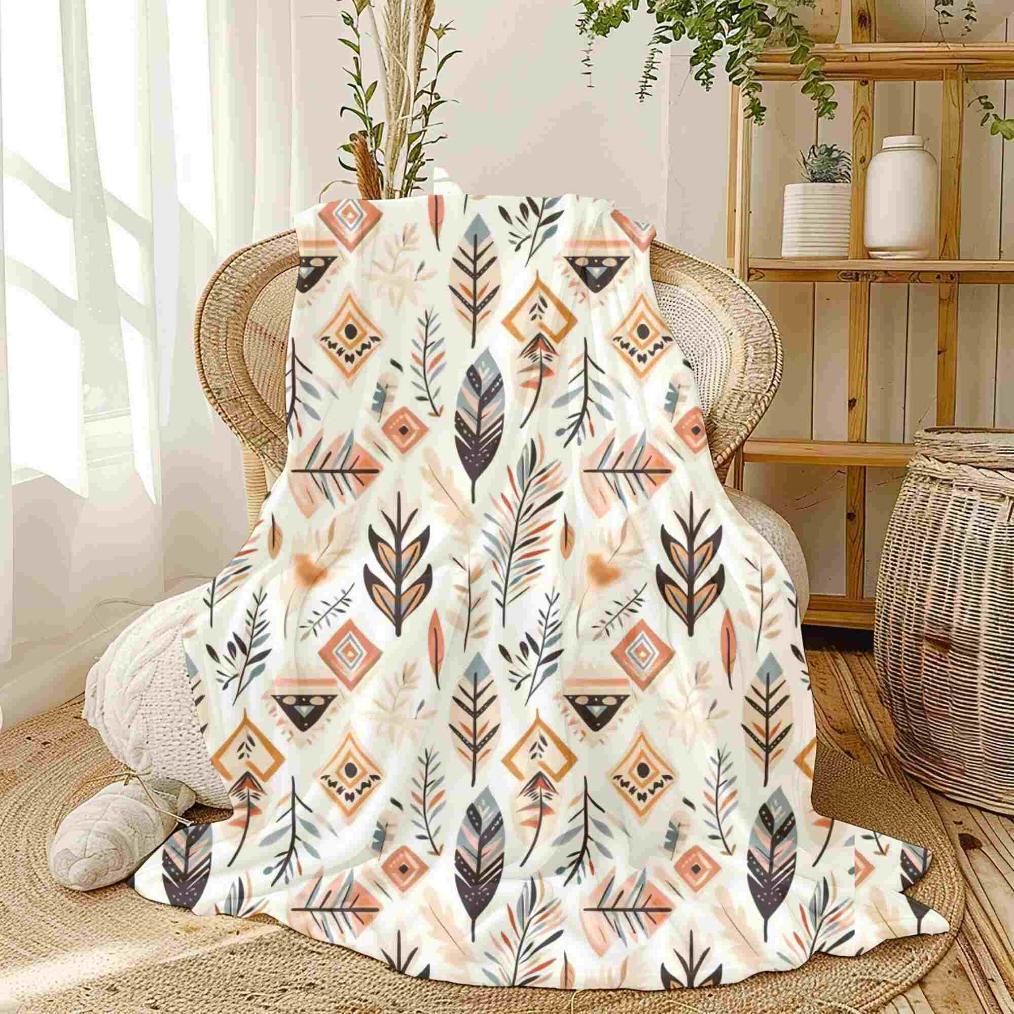 A Southwestern tribal throw blanket with painted feather patterns draped over a chair in a room with white walls and wood flooring.