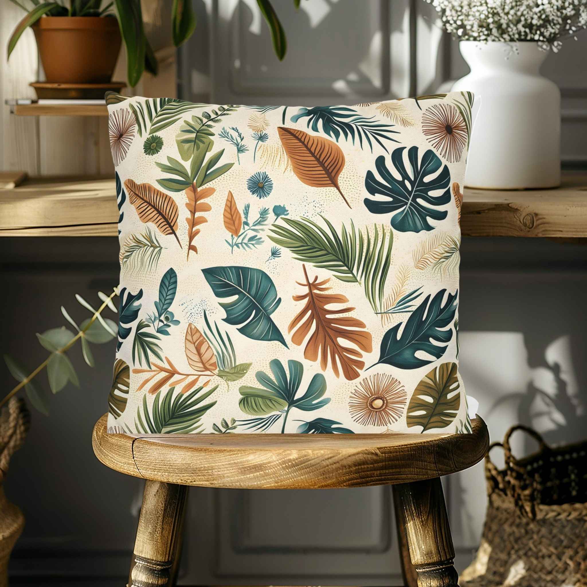 Tropical Throw Pillow – Earthy Leaf Decor | Palm Drift