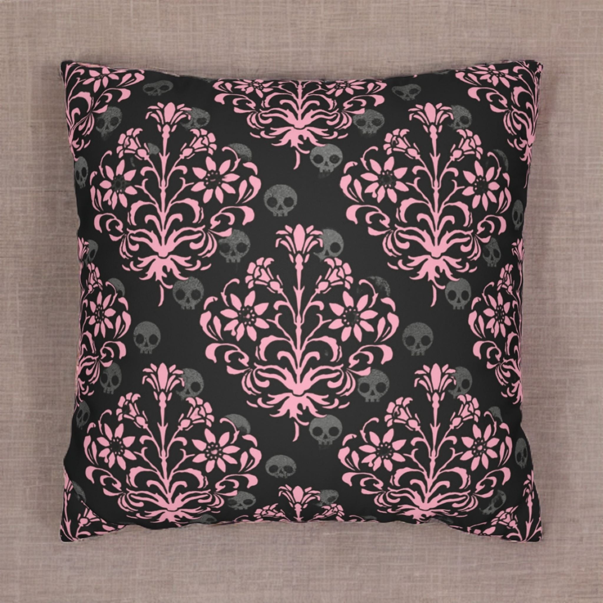 Pastel Gothic Damask Skulls Decorative Pillow Cover in Faux Suede