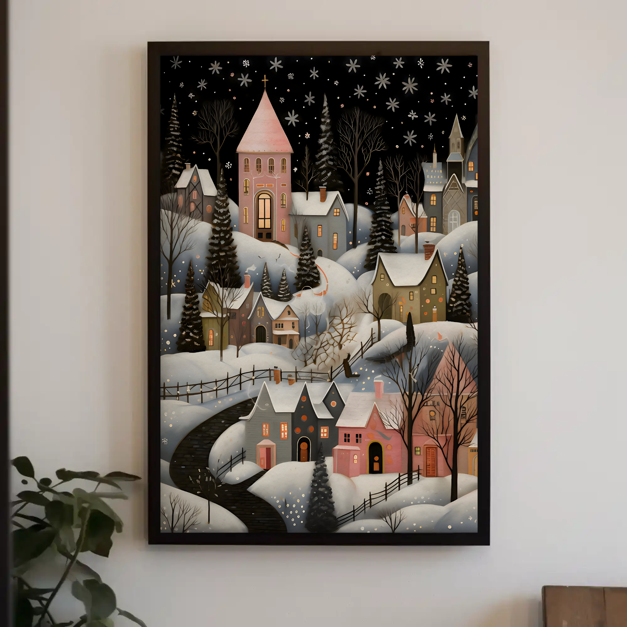 Pastel Winter Village Wall Art: Folk Art