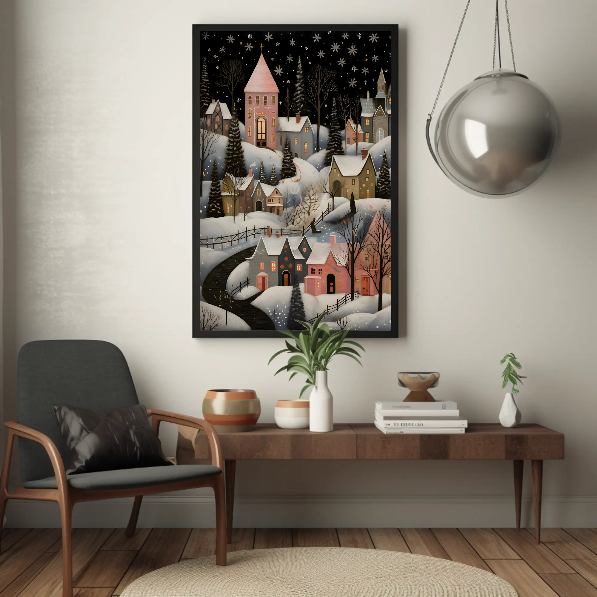 Pastel Winter Village Wall Art: Folk Art