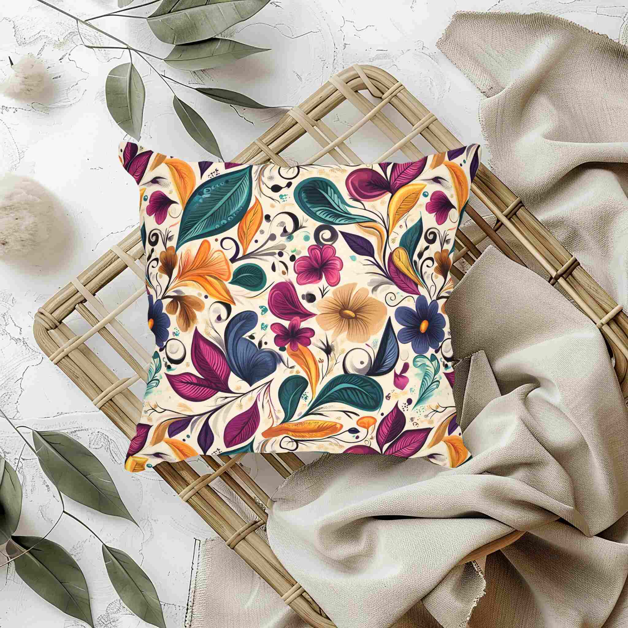 A colorful floral throw pillow with a vibrant mix of pink, blue, yellow, and green flowers displayed on a neutral background.