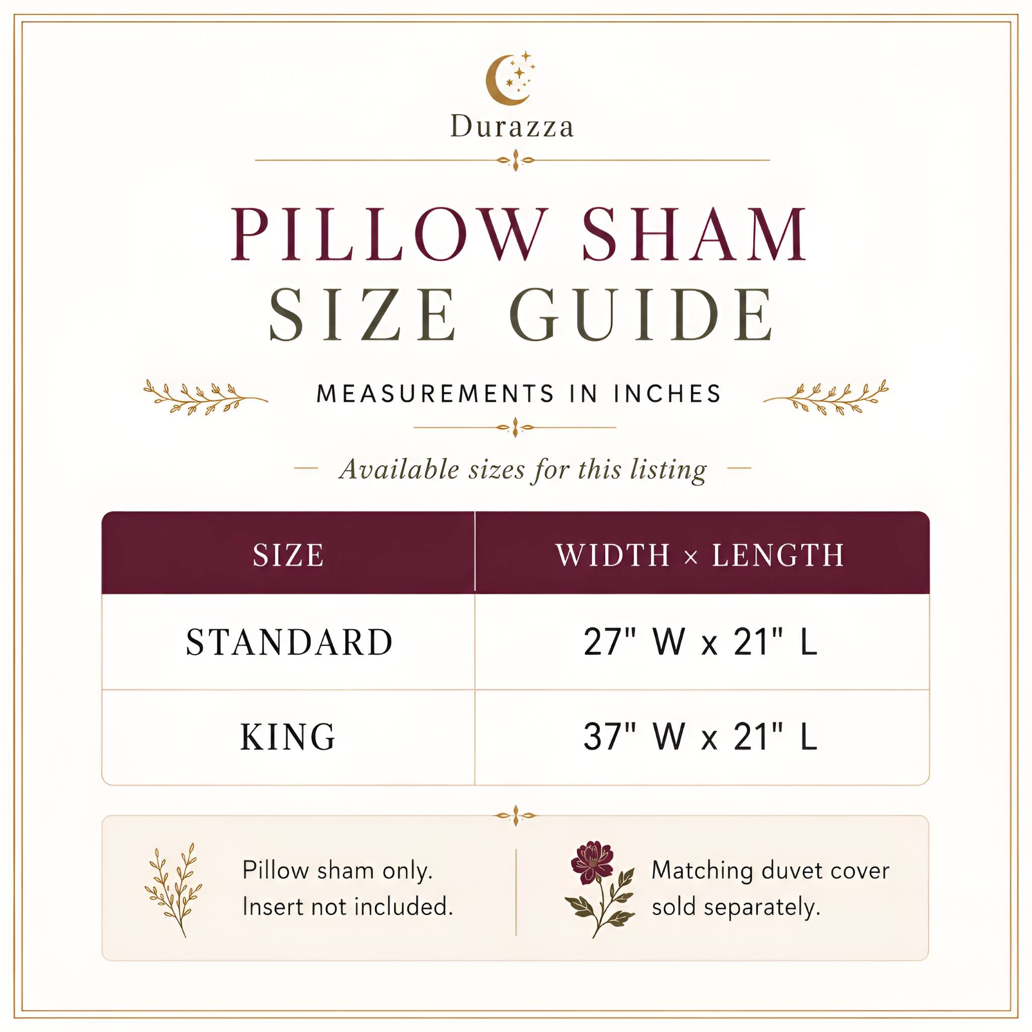 Cotton Sateen pillow sham size guide showing Standard 27 by 21 inches and King 37 by 21 inches.