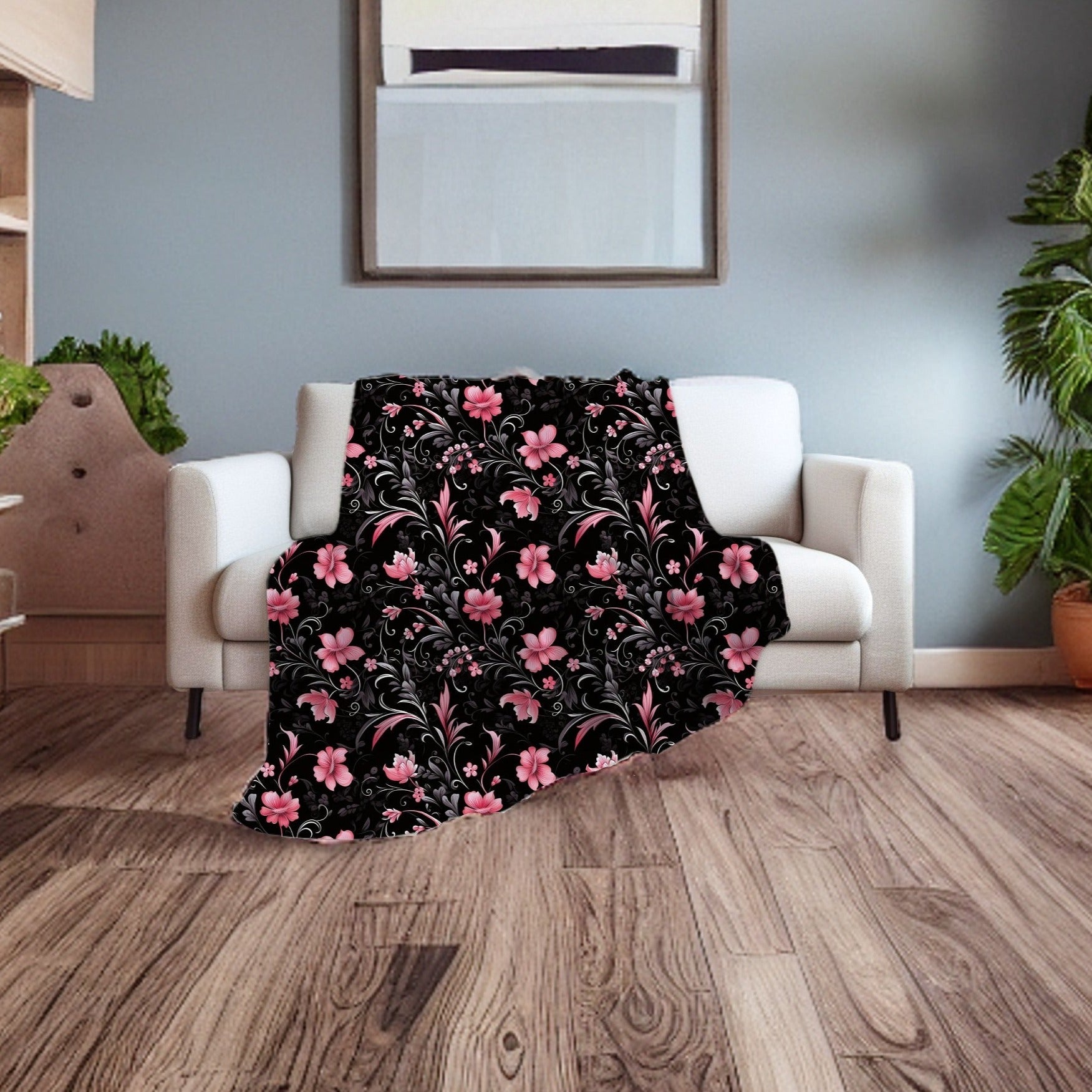 Dark Floral Throw Blanket, Romantic Decor | Pink Blossoms