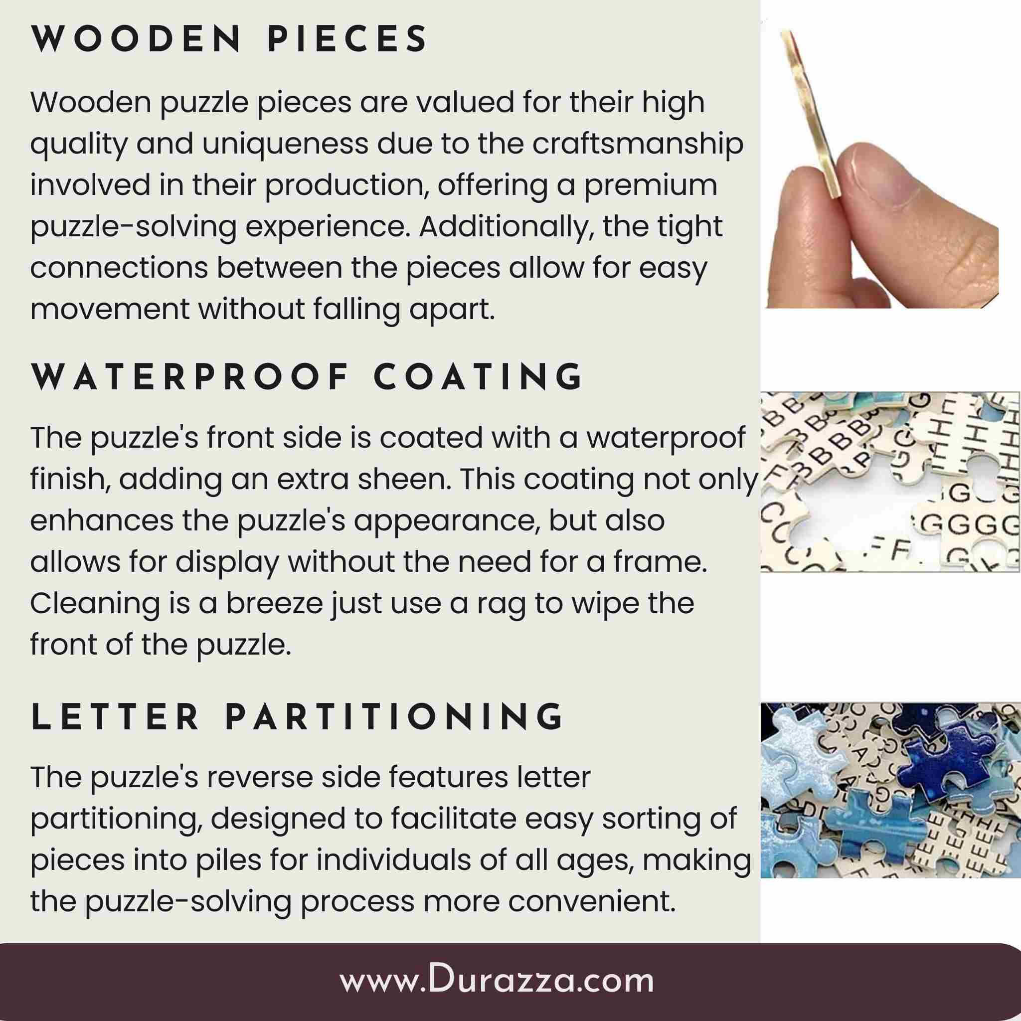 Features of Durazza's wooden jigsaw puzzle, including puzzle piece closeup with waterproof coating and letter partitioning.