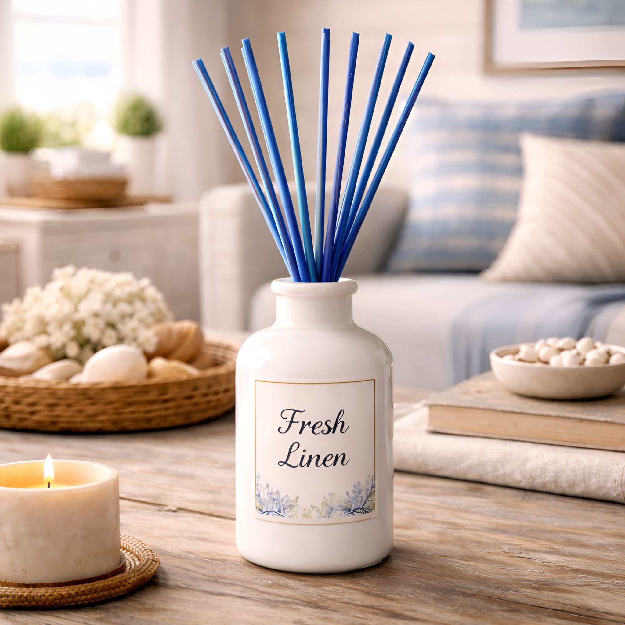 Diffuser with blue reed sticks labeled 'Fresh Linen' on a table with a candle and decor items.