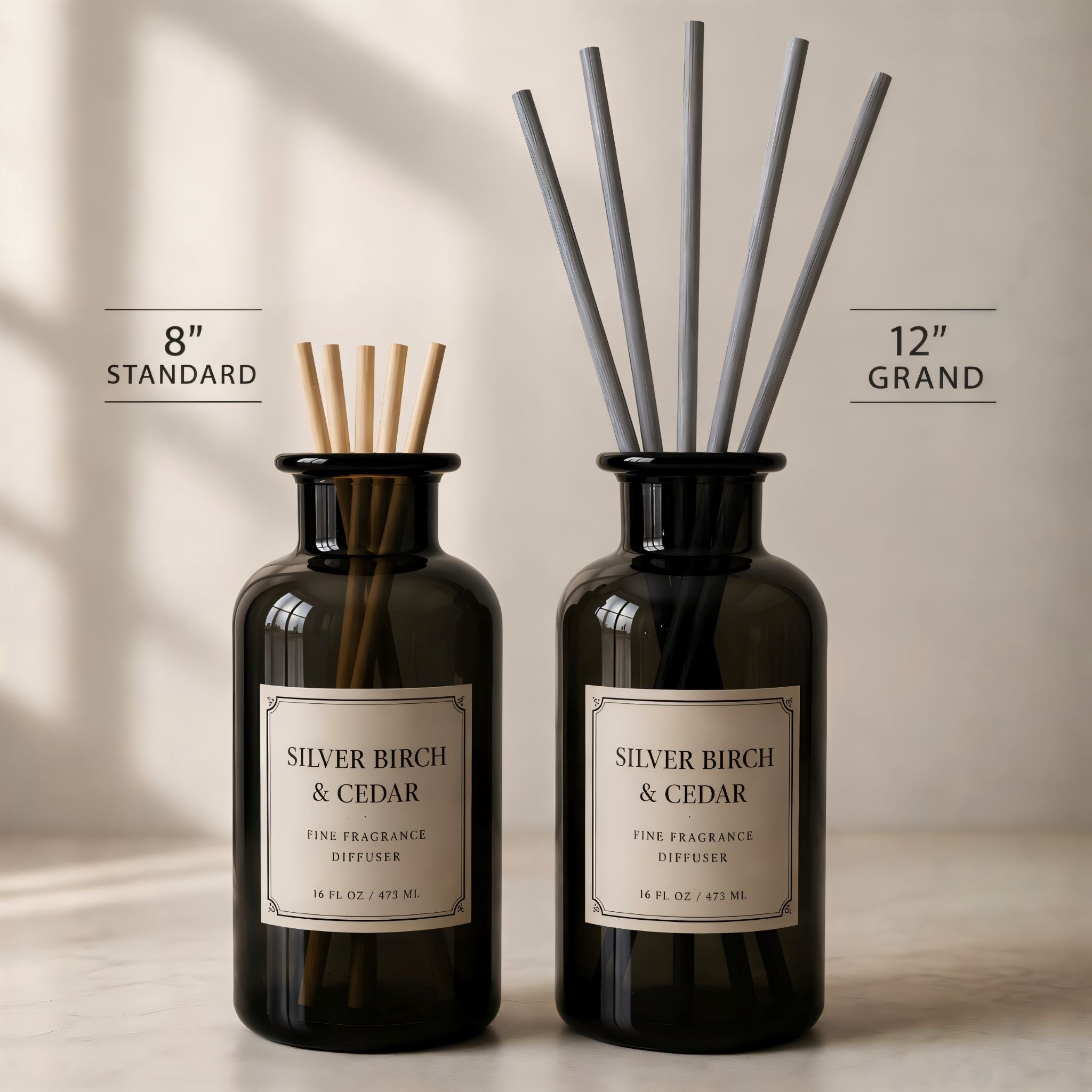 Comparison of standard 8 inch wood sticks and Durazza's 12 inch cotton diffuser reeds on a neutral background.