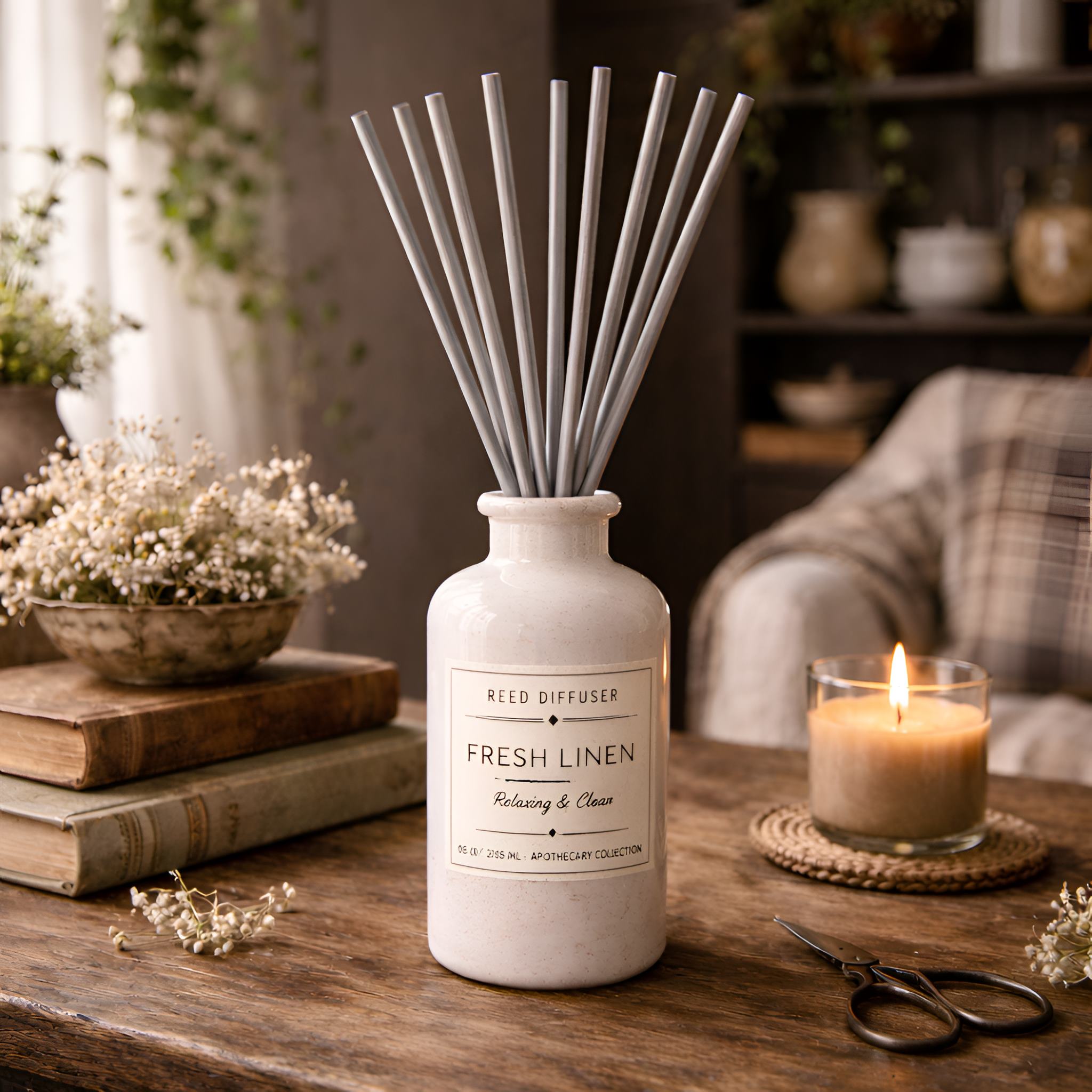 Gray Reed sticks in a tall diffuser labeled 'Fresh Linen' on a wooden surface with a candle and books in the background.