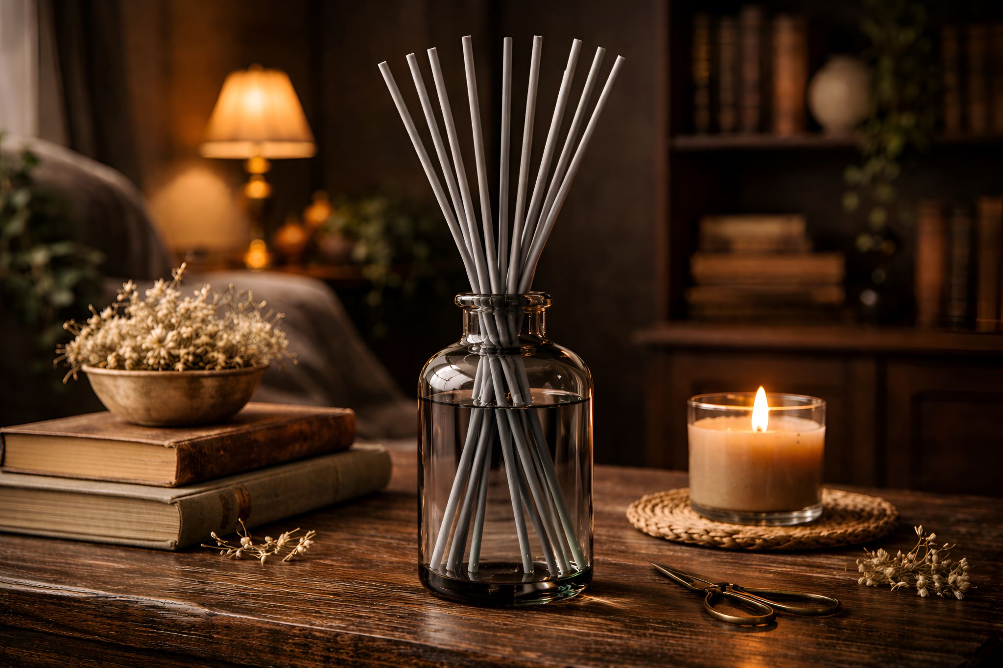 Gray Reed diffuser sticks with books and a candle on a wooden surface in a cozy room.