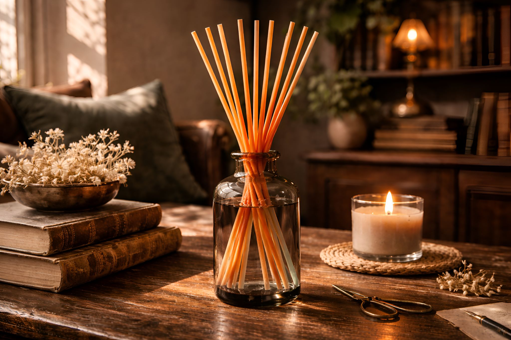 Tall diffuser jar with orange replacement reed sticks on a table with a candle and books in a cozy room.