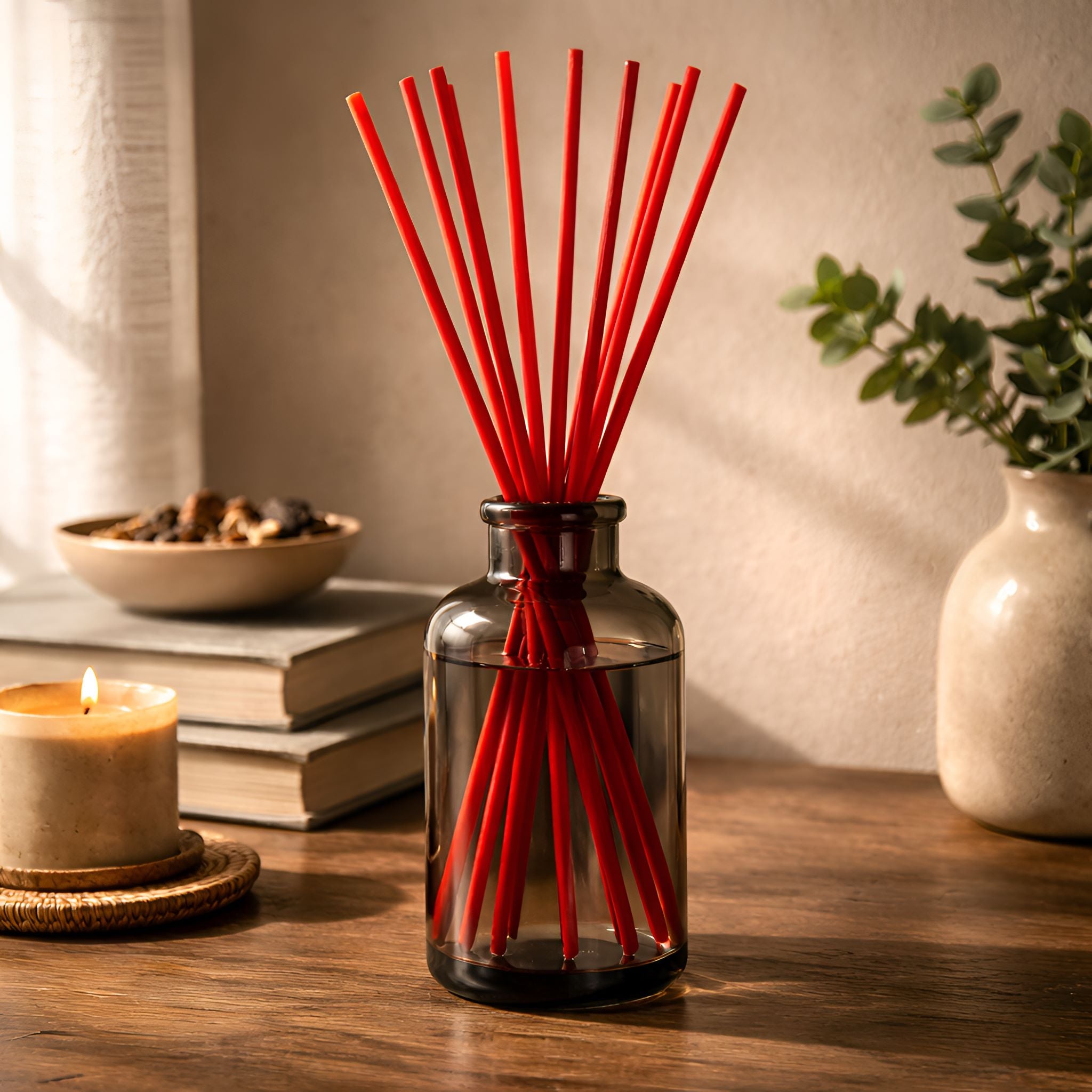 Clear smoky glass bottle with red diffuser reeds on a wooden surface with a candle and books in the background.