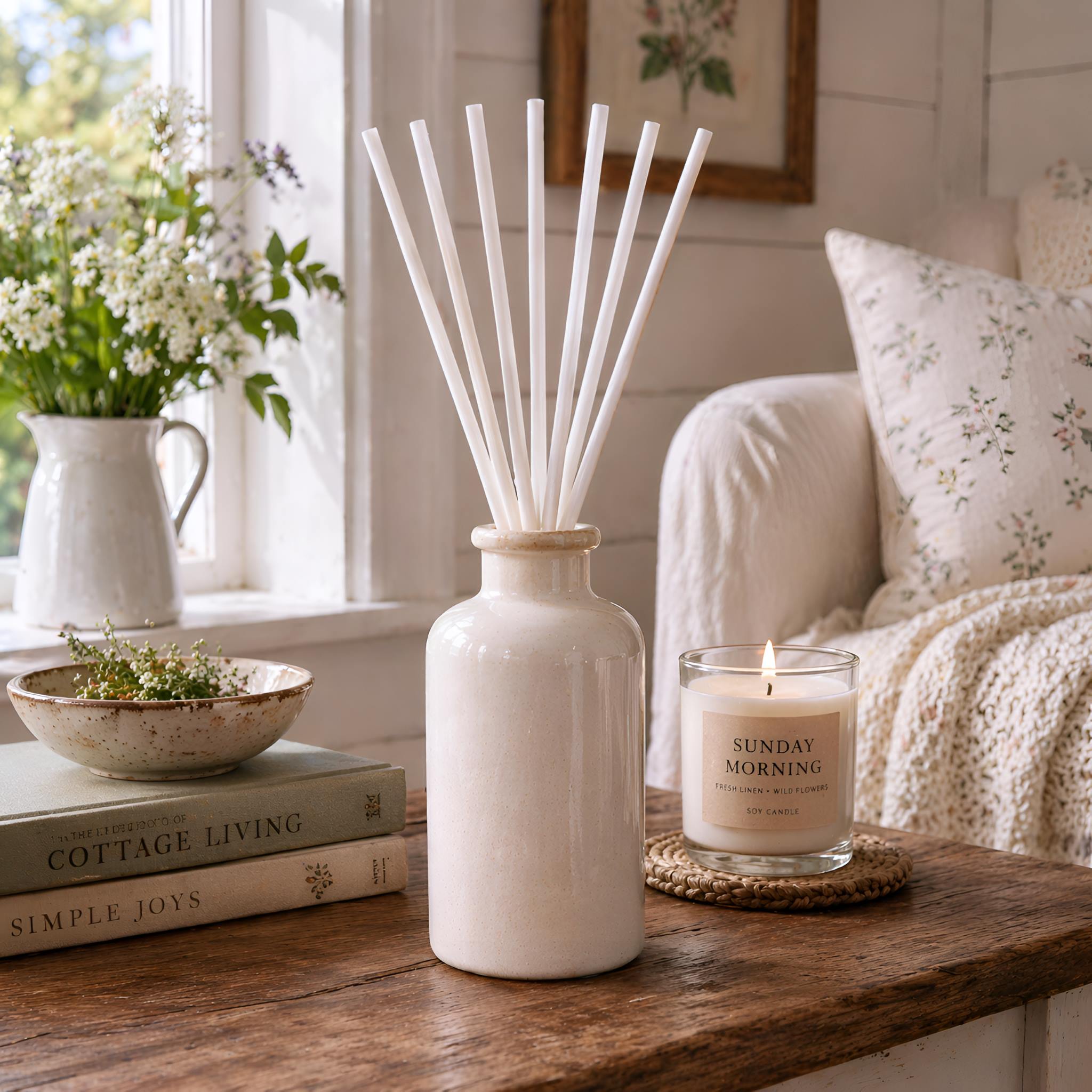 Decorative diffuser with white reeds in 12 inches, a candle, and books on a wooden surface in a cozy living room.