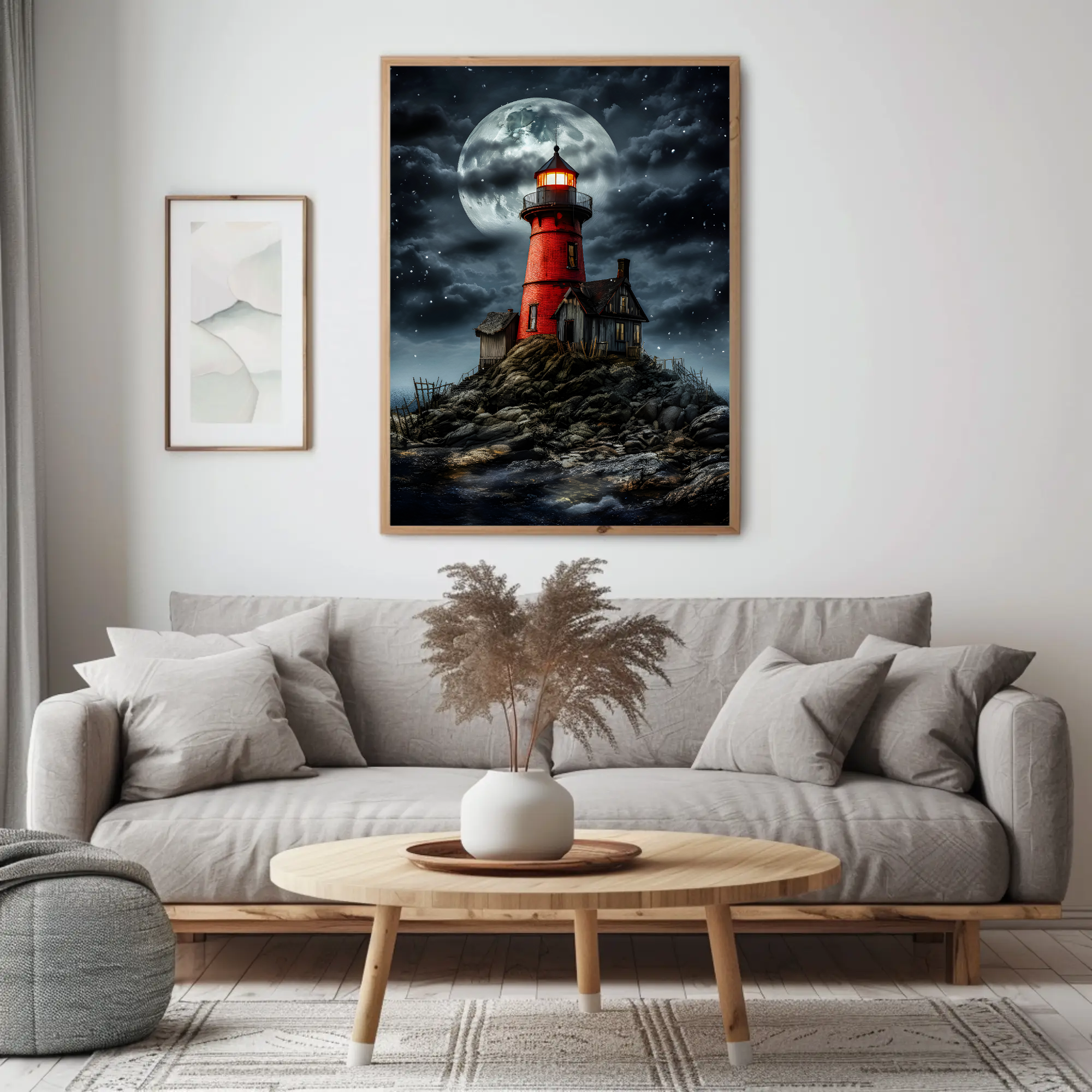 Red Lighthouse Wall Art: Moody Gothic Landscape