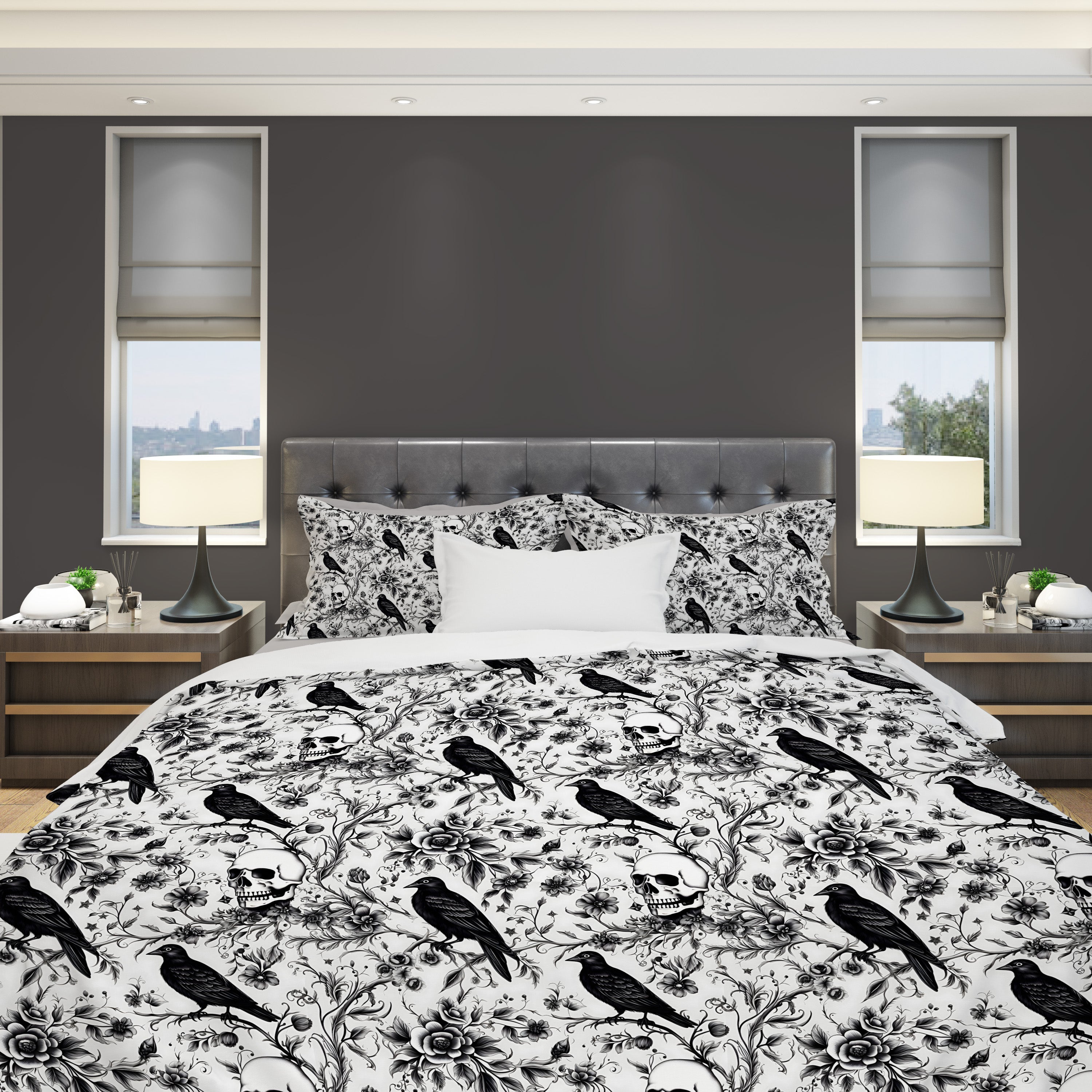 Raven Skull Garden Duvet Cover: Microfiber