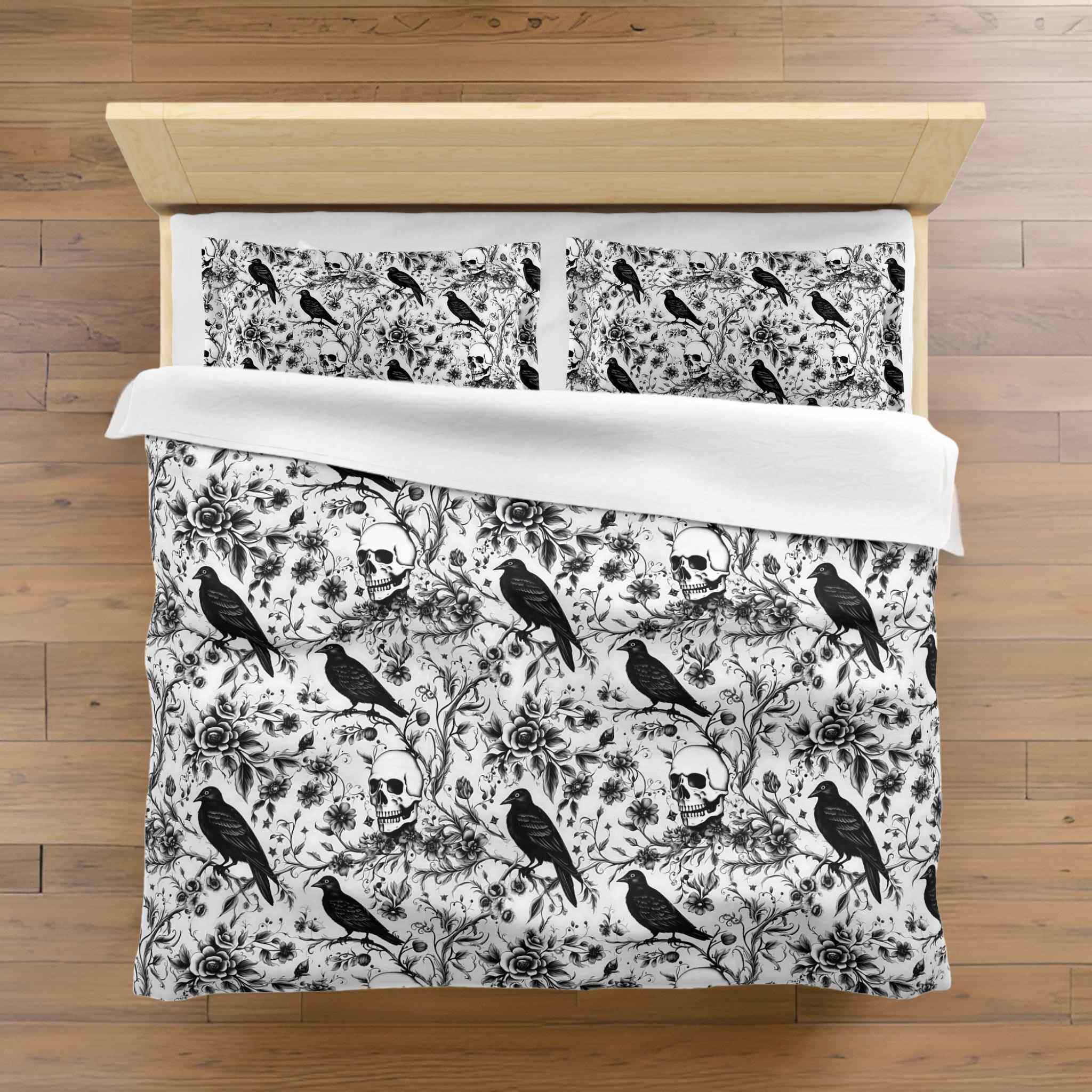 Black and White Gothic Duvet Cover | Raven & Skull Garden