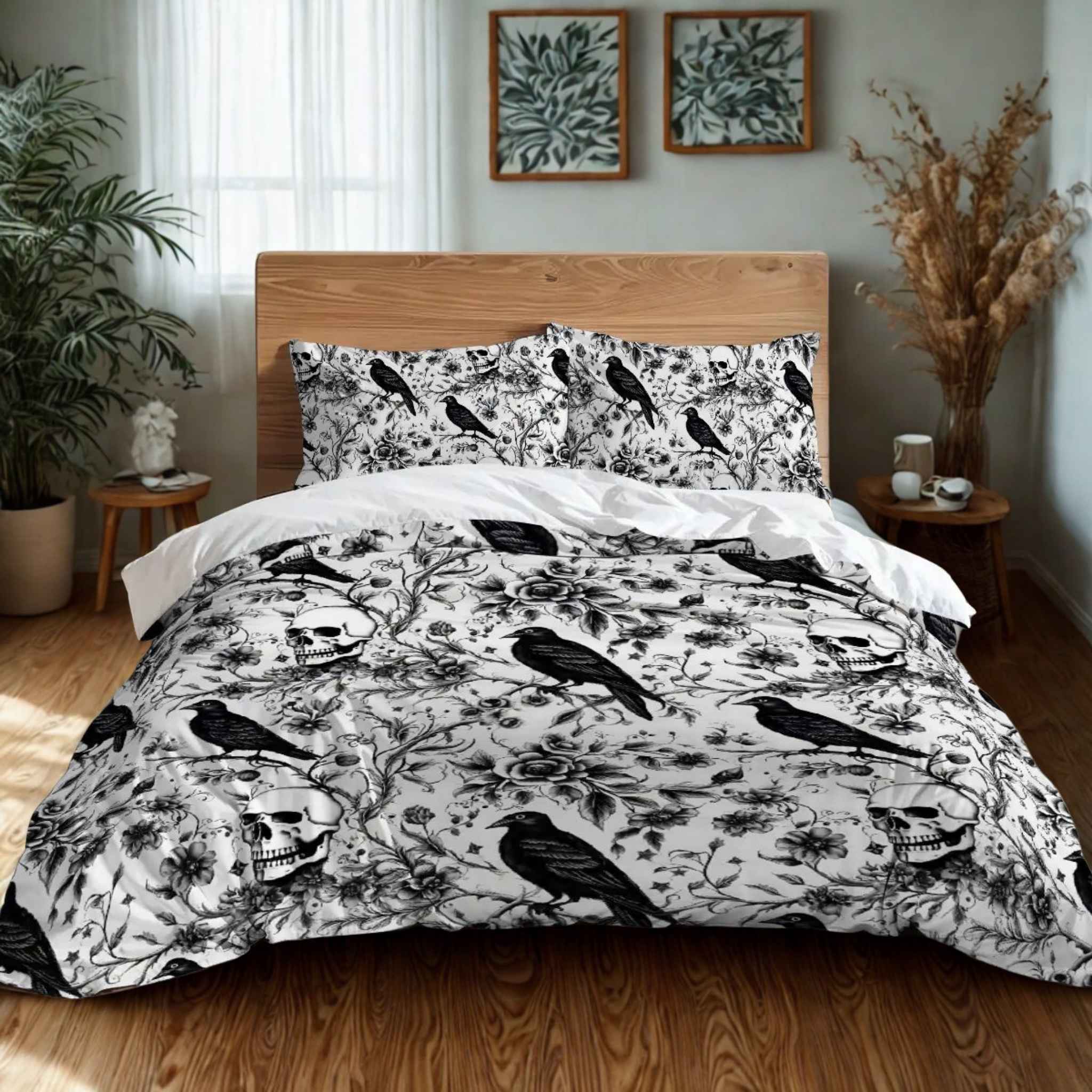 Black and White Gothic Duvet Cover | Raven & Skull Garden