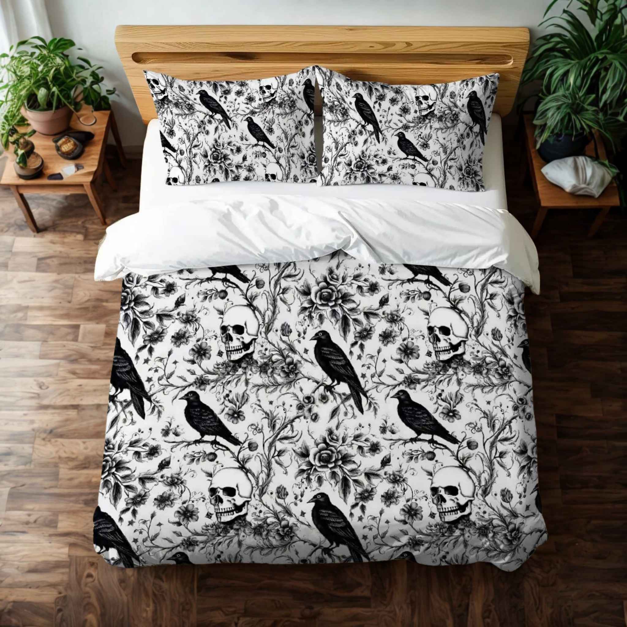 Black and White Gothic Duvet Cover | Raven & Skull Garden