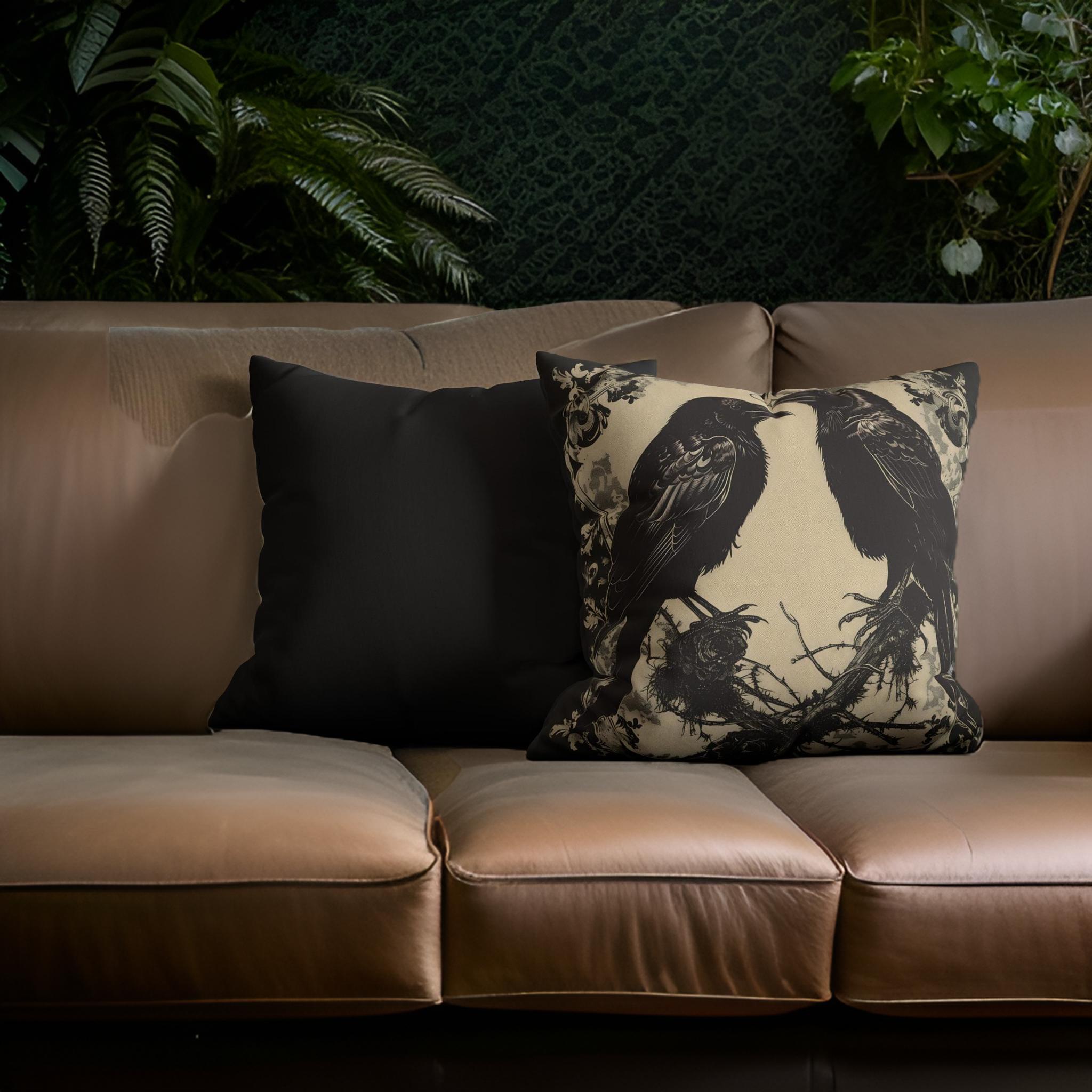 Gothic Raven Throw Pillow – Vintage Noir Decor | Ravens Delight