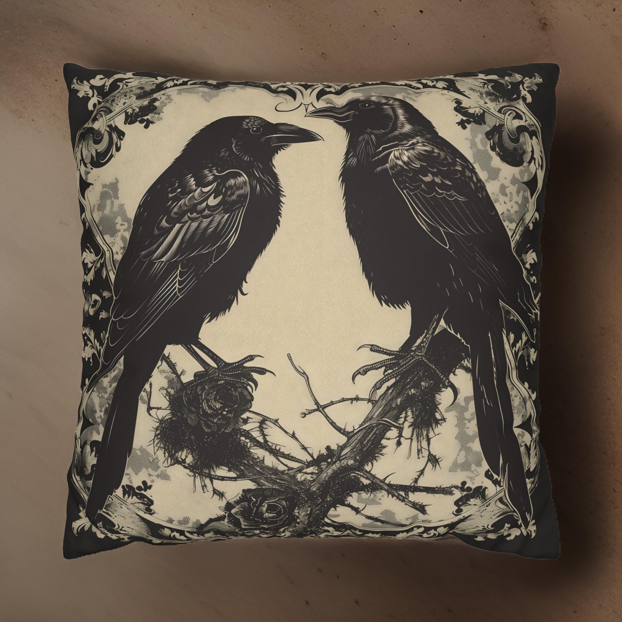 Gothic Raven Throw Pillow – Vintage Noir Decor | Ravens Delight