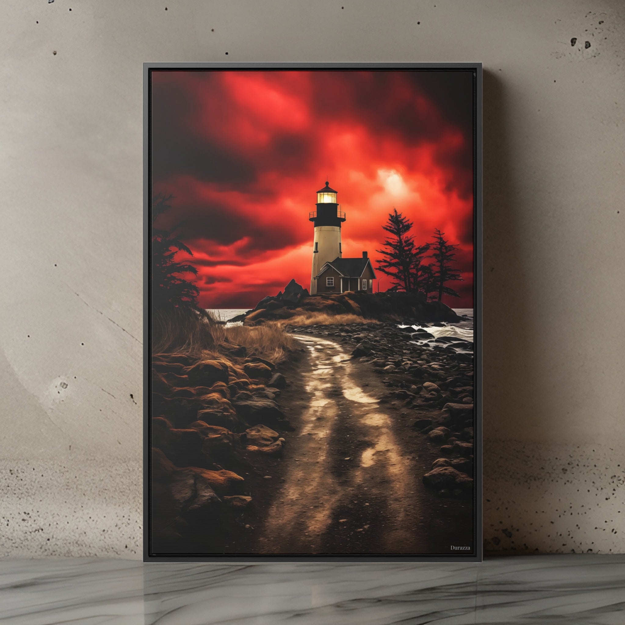 Red Sky Lighthouse Wall Art: Dramatic Coastal Scene