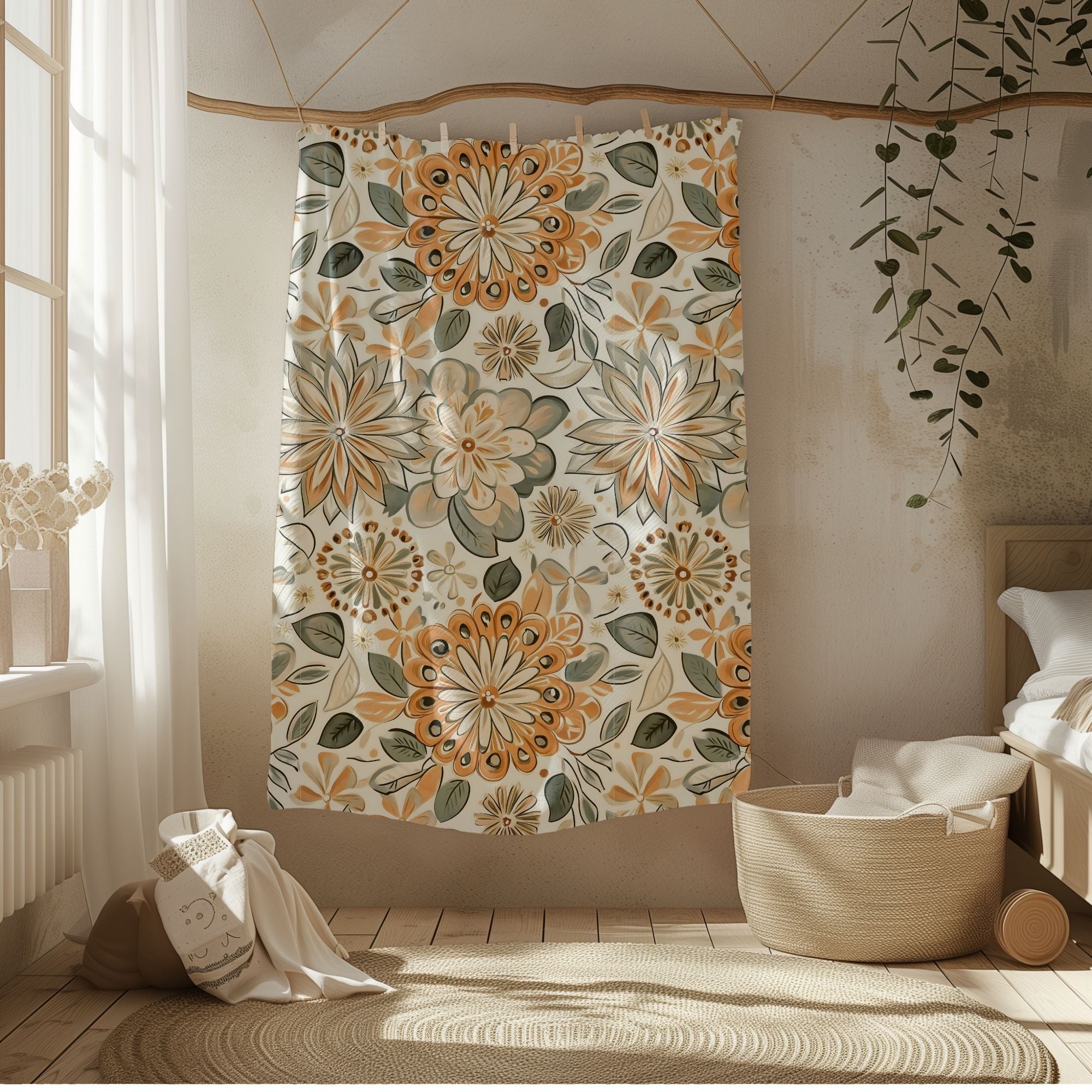 A throw blanket with a floral boho design in earthy tones and pastel hues, draped over a wooden rack in a room with a white wall and a green potted plant.