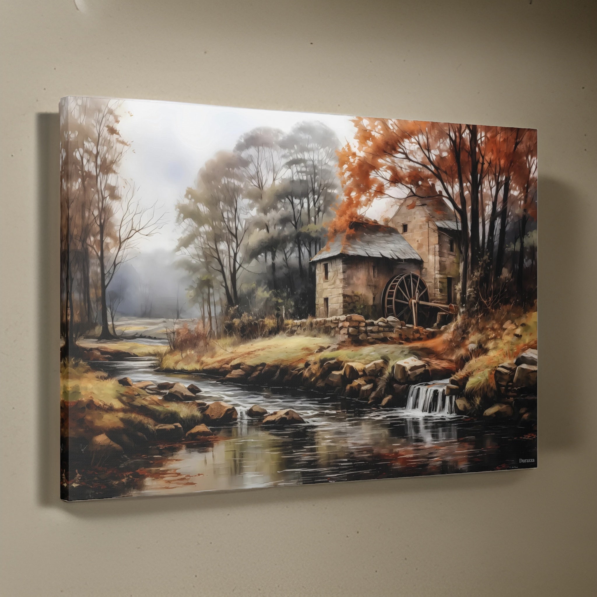 Rustic Autumn Mill Wall Art: Vintage Landscape Painting