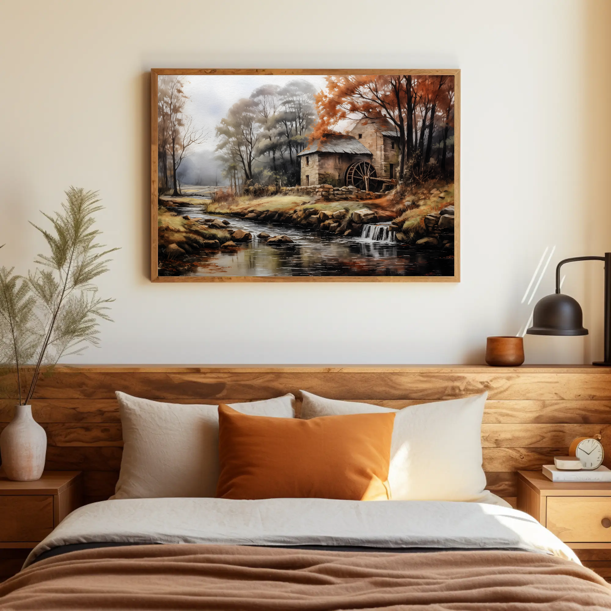 Rustic Autumn Mill Wall Art: Vintage Landscape Painting