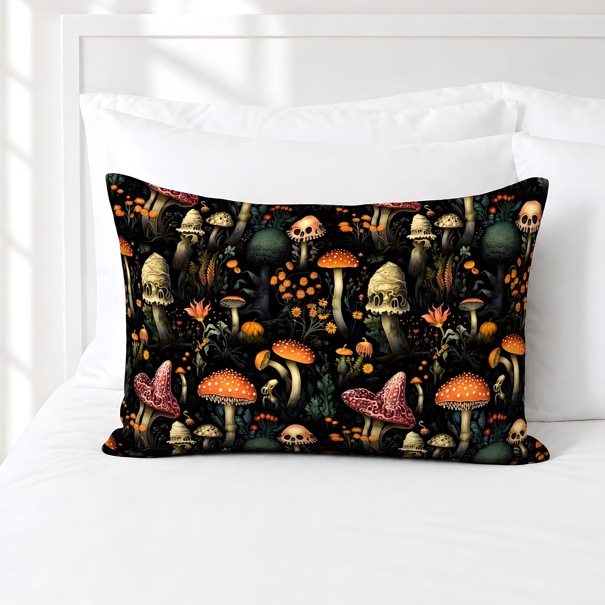 Gothic cottage pillow sham with mushrooms, woodland foliage, and dark floral detaill