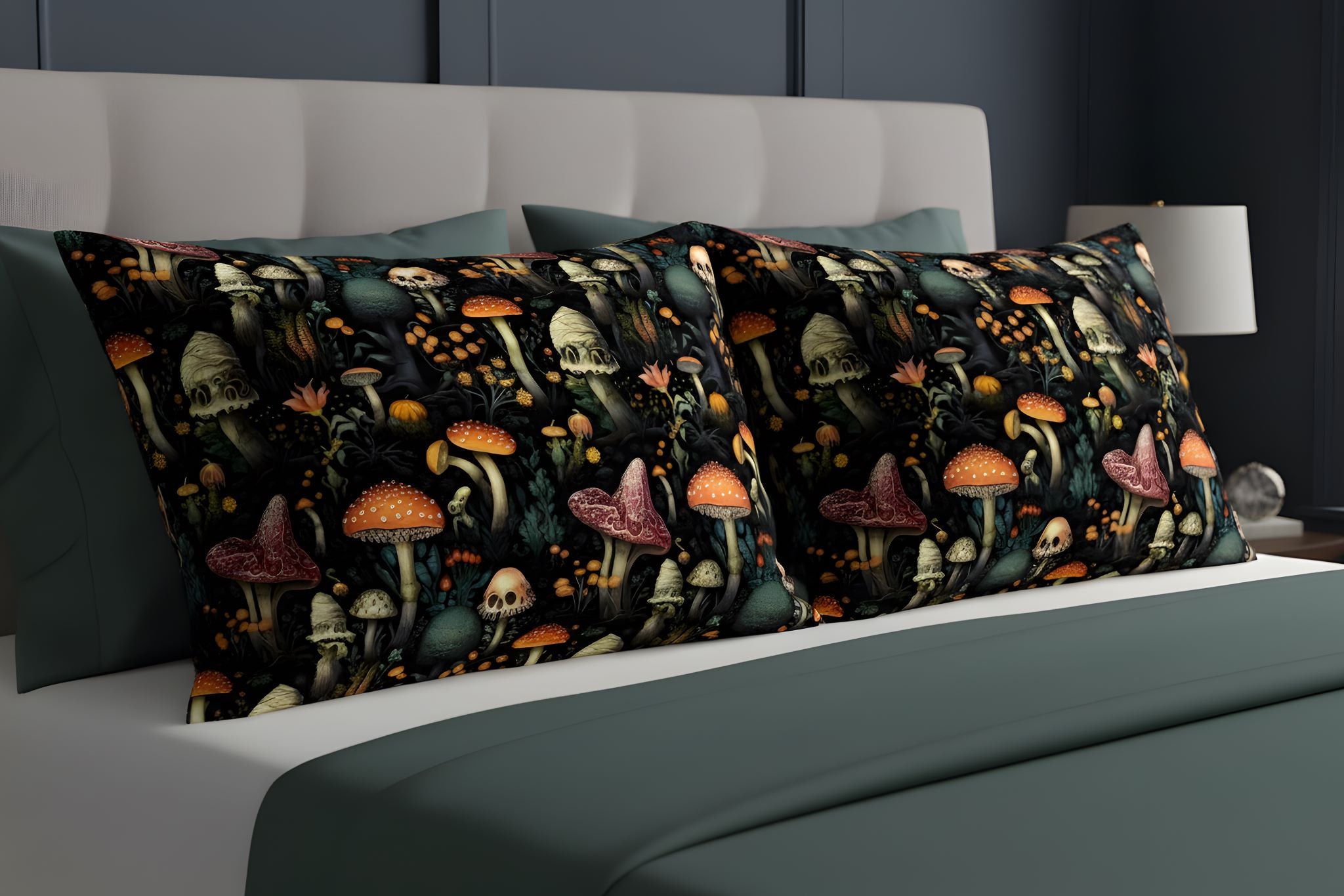 Dark forest pillow sham with mushrooms, mossy leaves, and gothic botanical style.