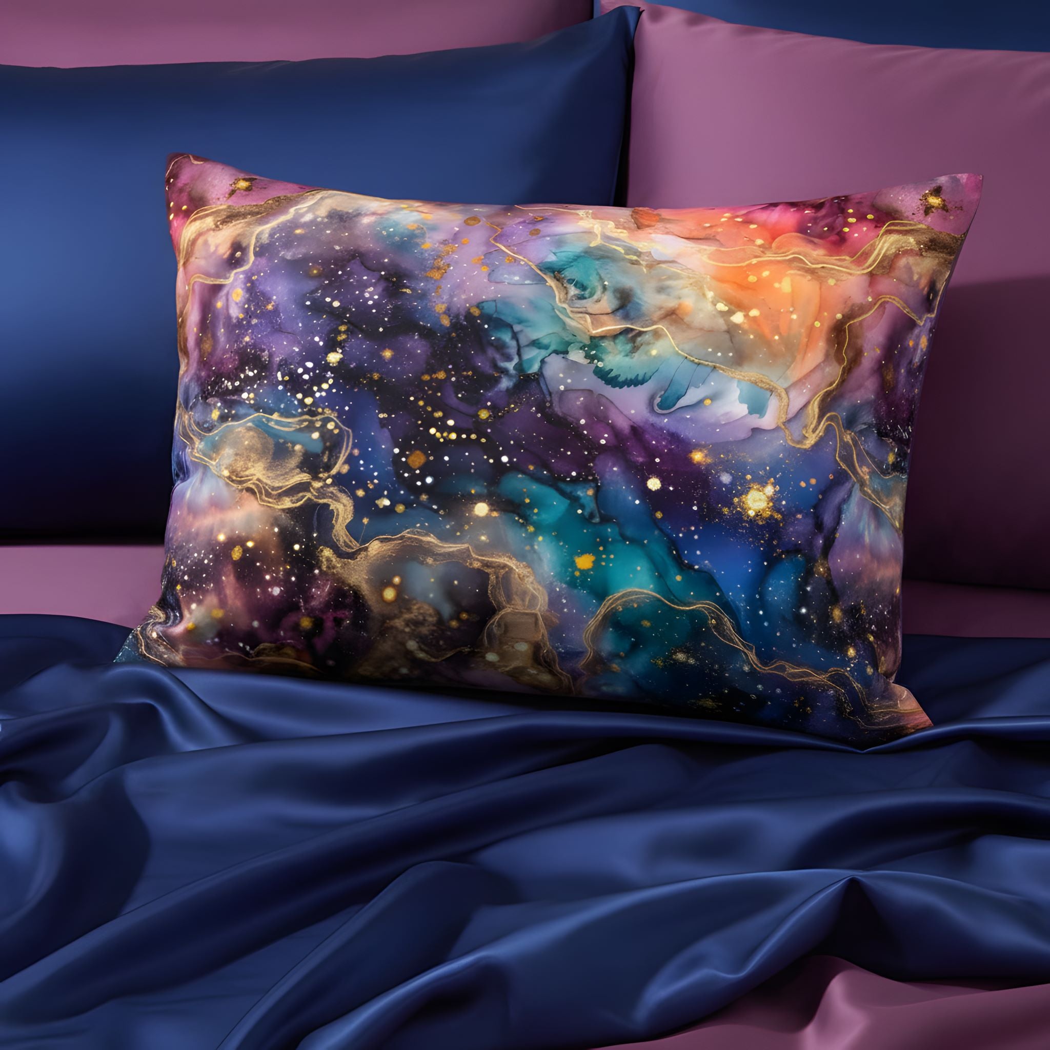 Gold specal and bright color pillow sham for a whimsigoth or celestial bedroom.