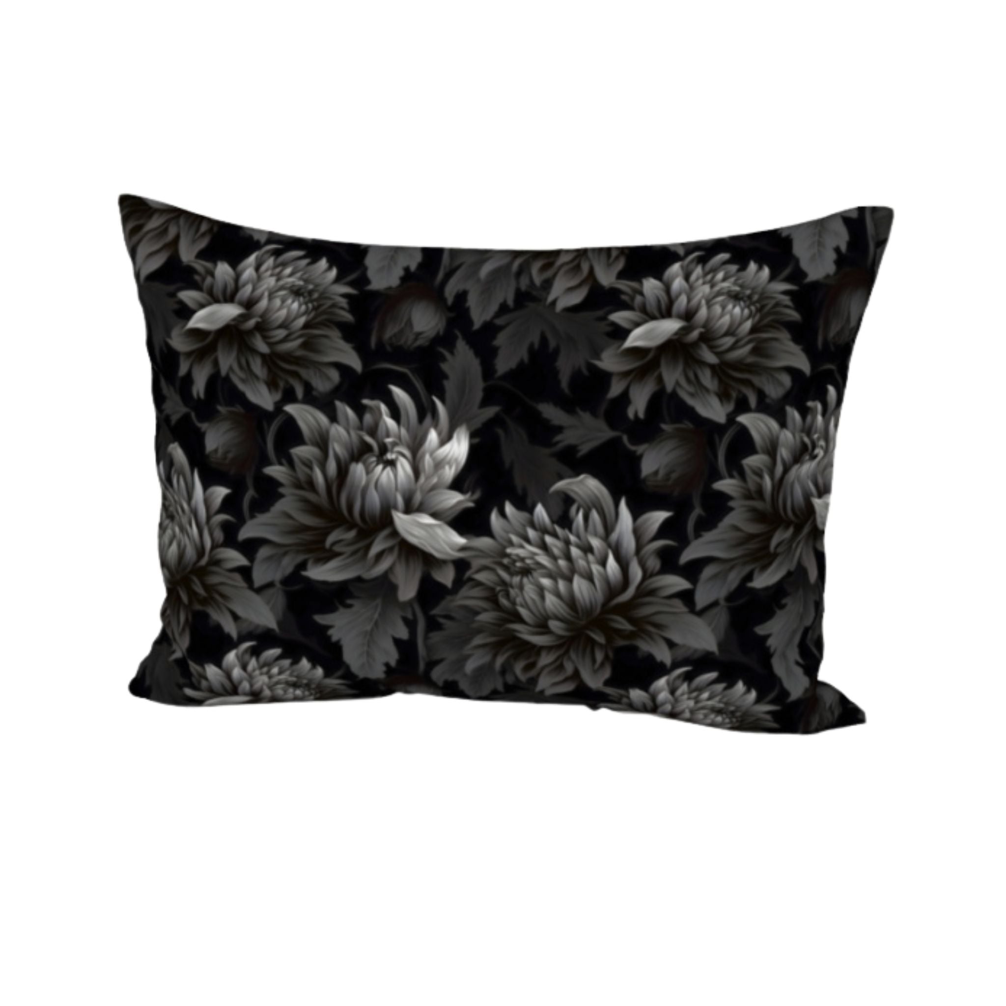 Standard size moody floral pillow sham with black dahlias.