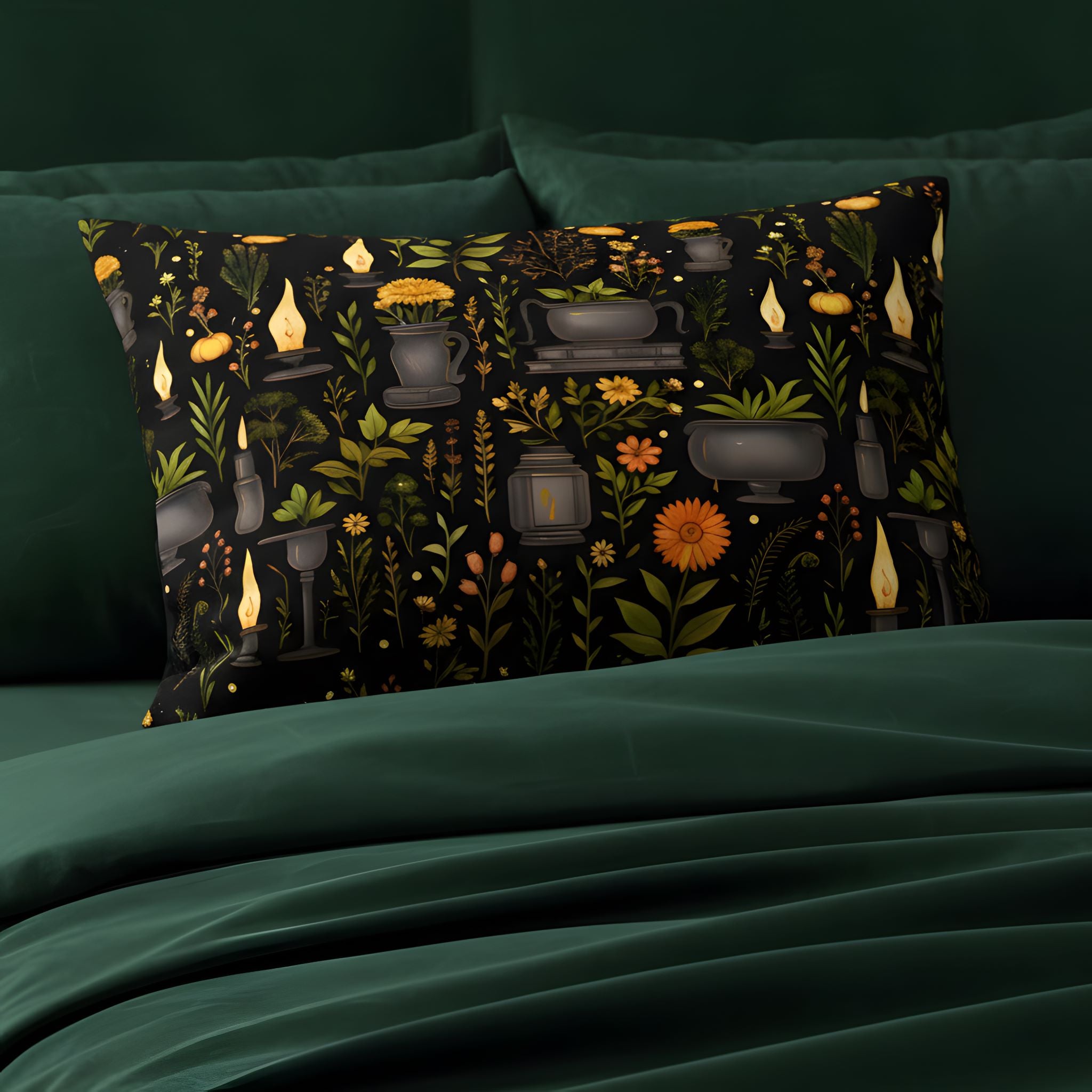 Whimisigoth pillow sham on gothic green bedding.