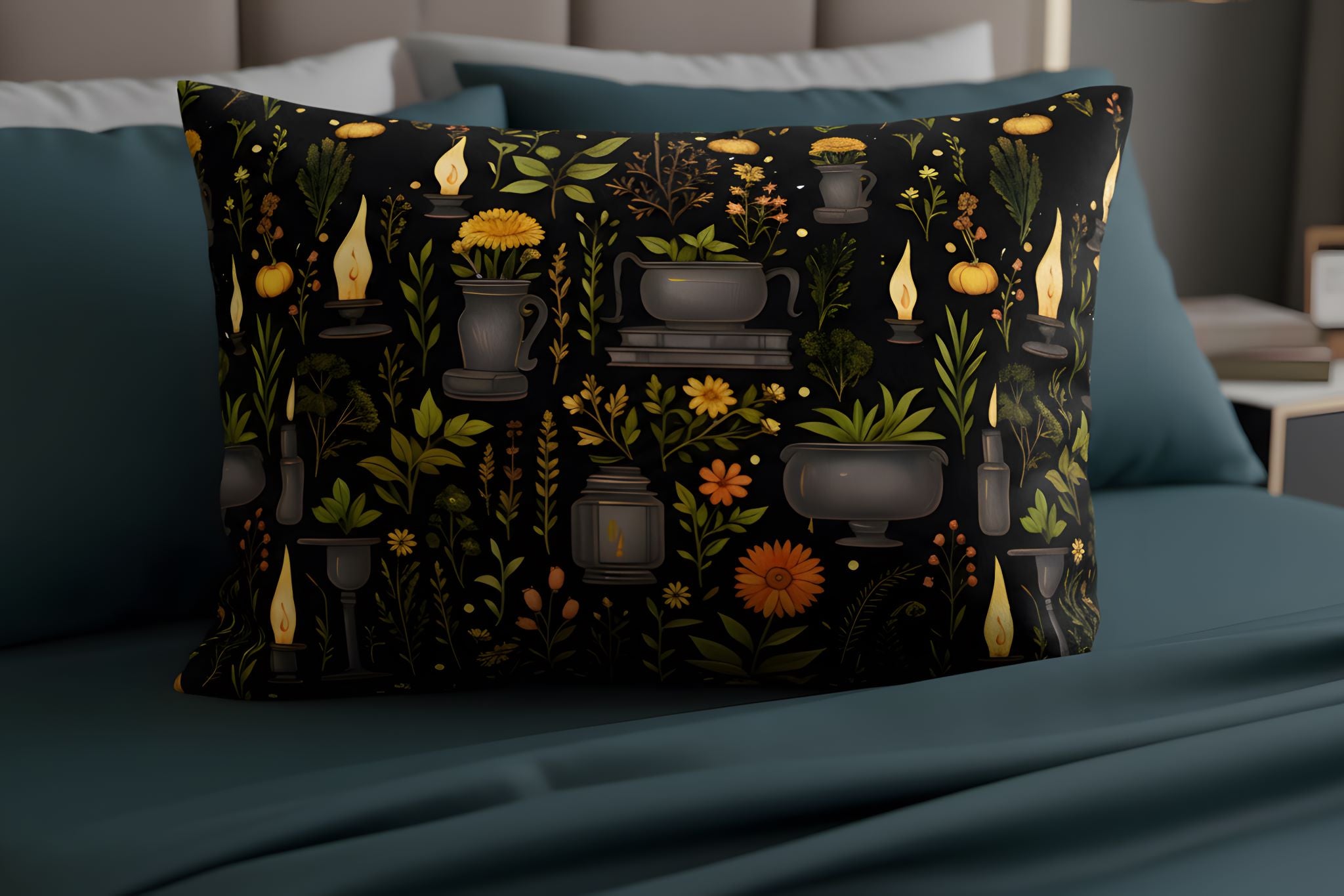 Whimsigoth pillow sham in cotton sateen featuring candles, herbs and plants.