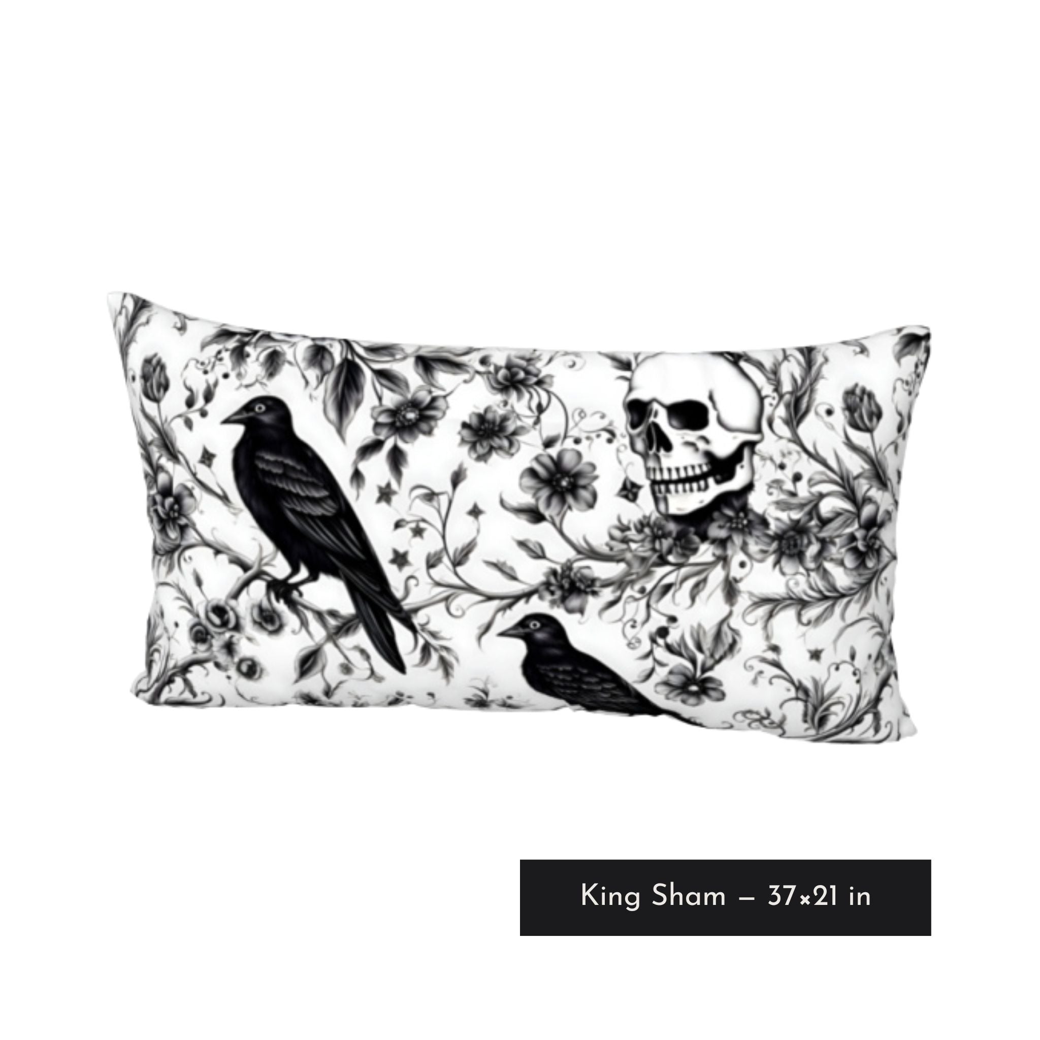 King size pillow sham with raven skull design in luxury black and white Victorian Gothic style.