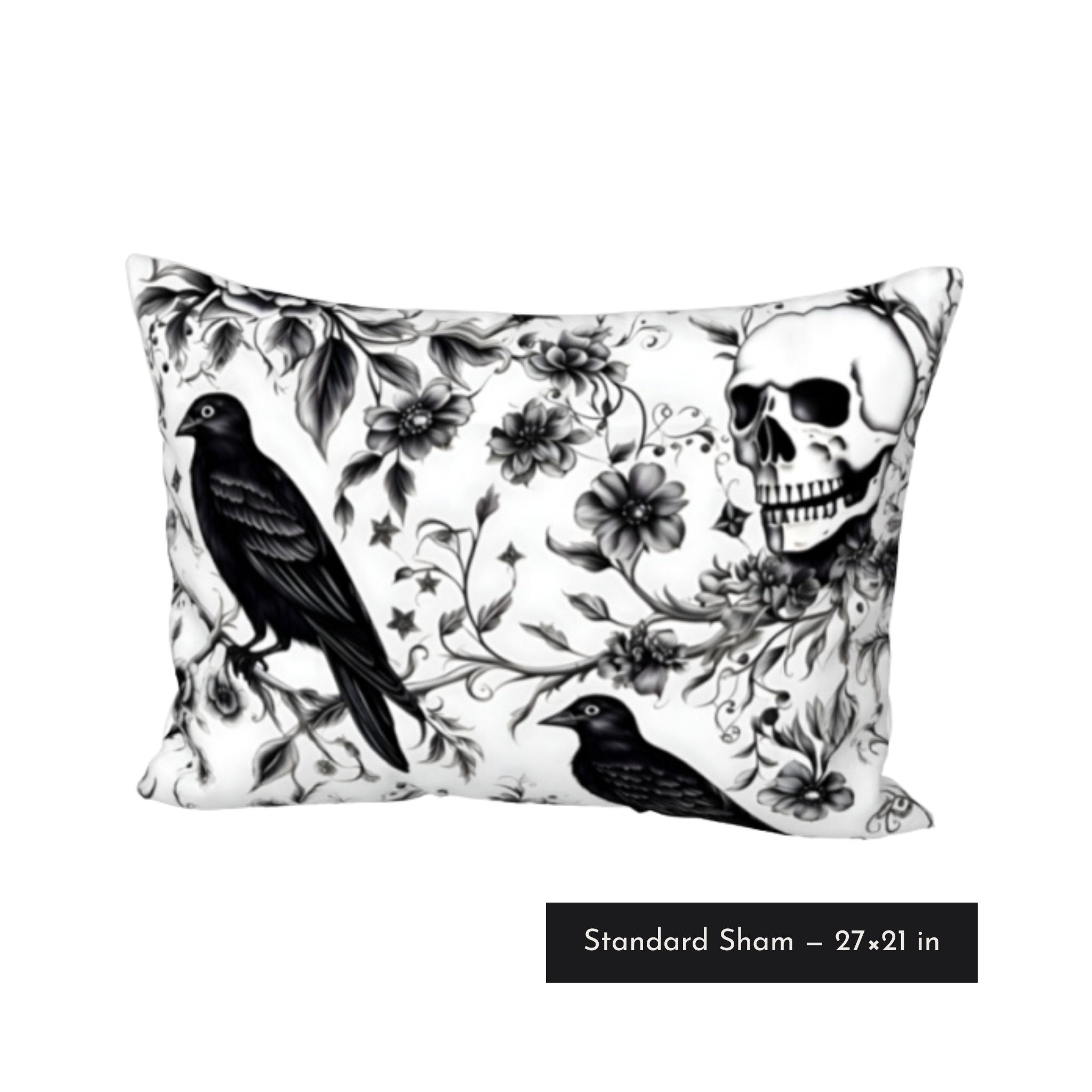 Standard size pillow sham with raven skull design in luxury black and white Victorian Gothic style.