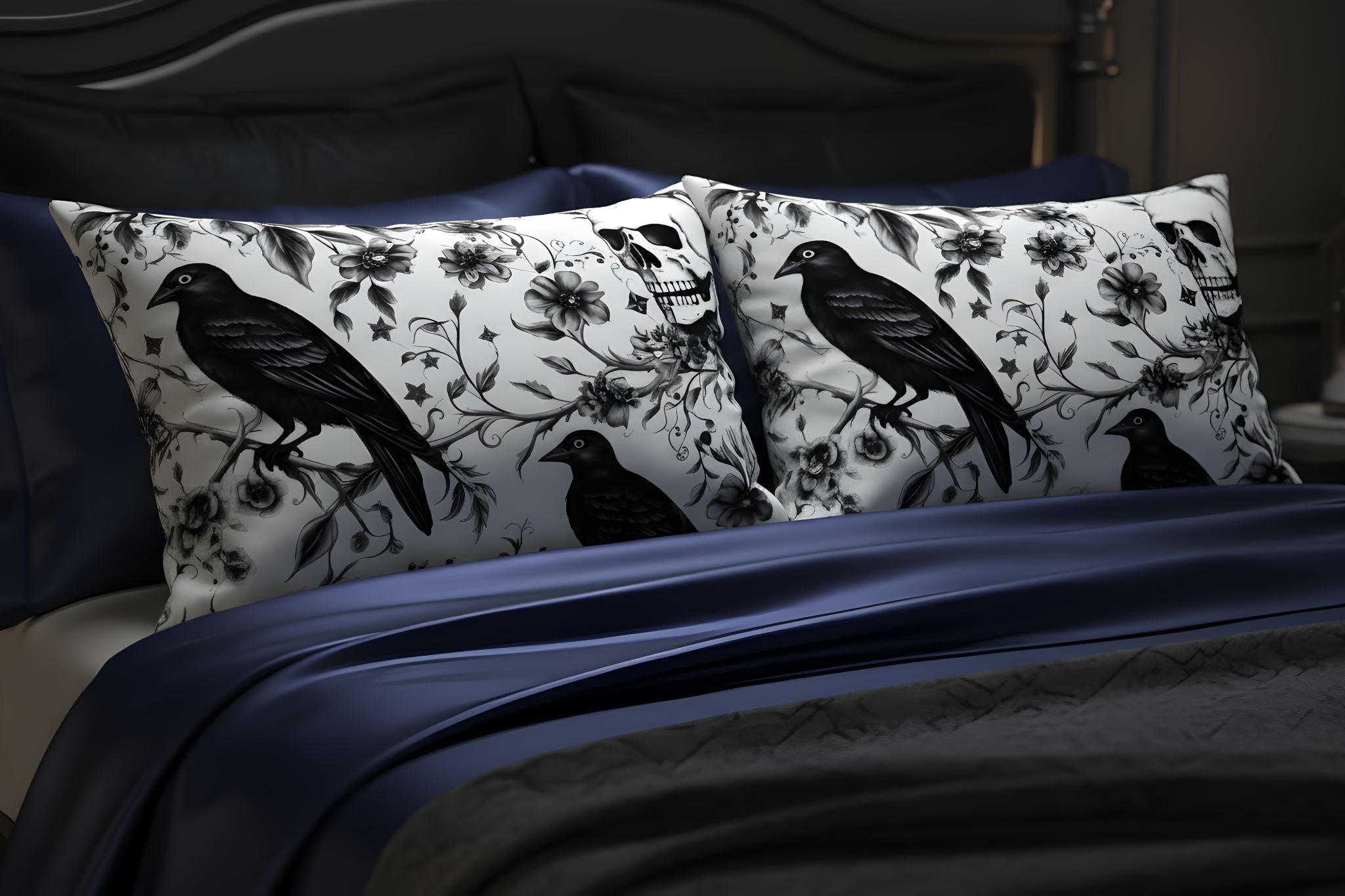 Black and white cotton pillow shams with ravens, skull artwork, and botanical florals for an elegant gothic bedroom.
