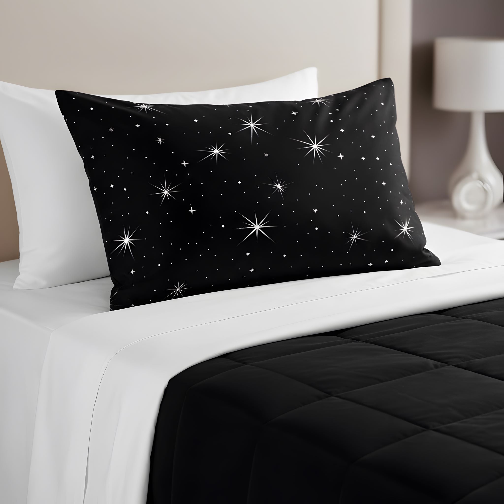 Starry cotton pillow sham with black backing.