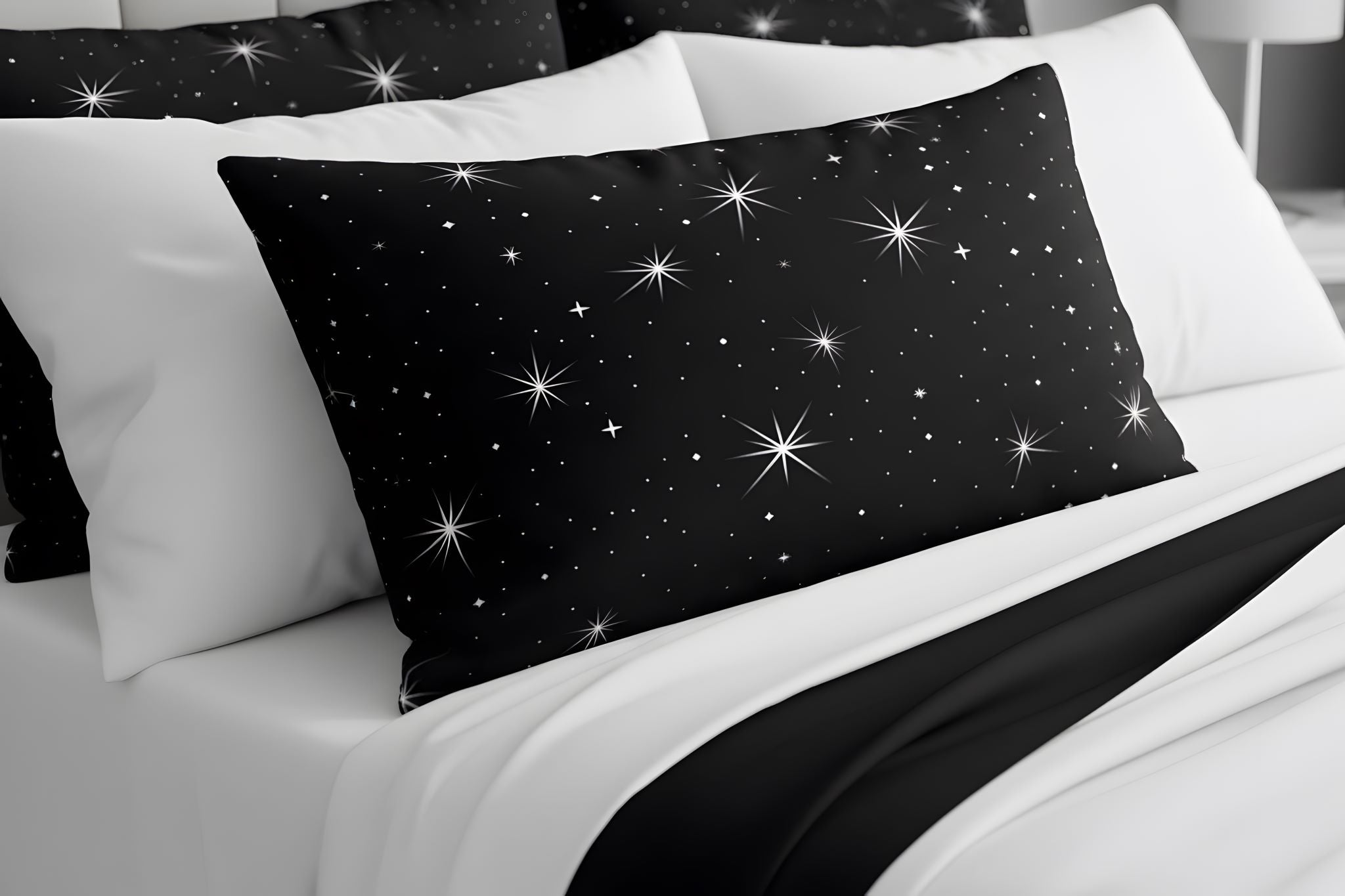 Starry night sky pillow shams with black and white star design.